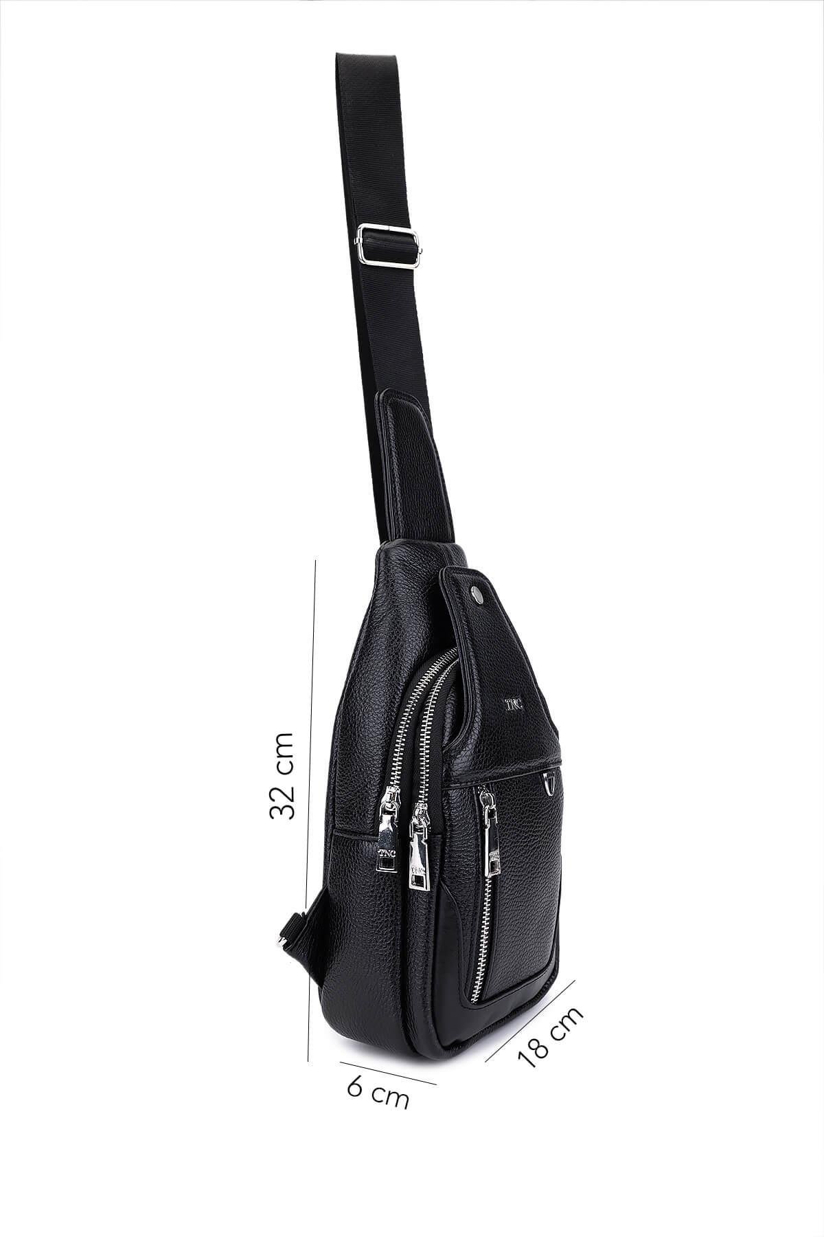 Tamer Tanca Erkek Hakiki Deri Siyah Floter Body Bag Çanta