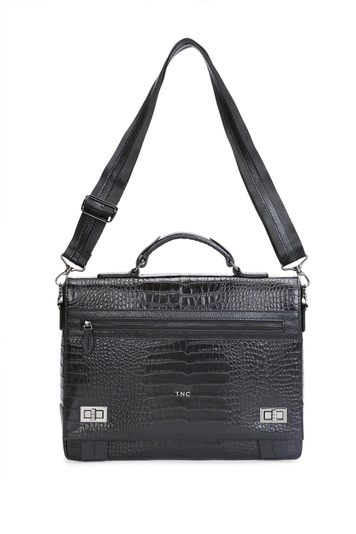 Tamer Tanca Erkek Hakiki Deri Siyah Kroko Evrak Çantası