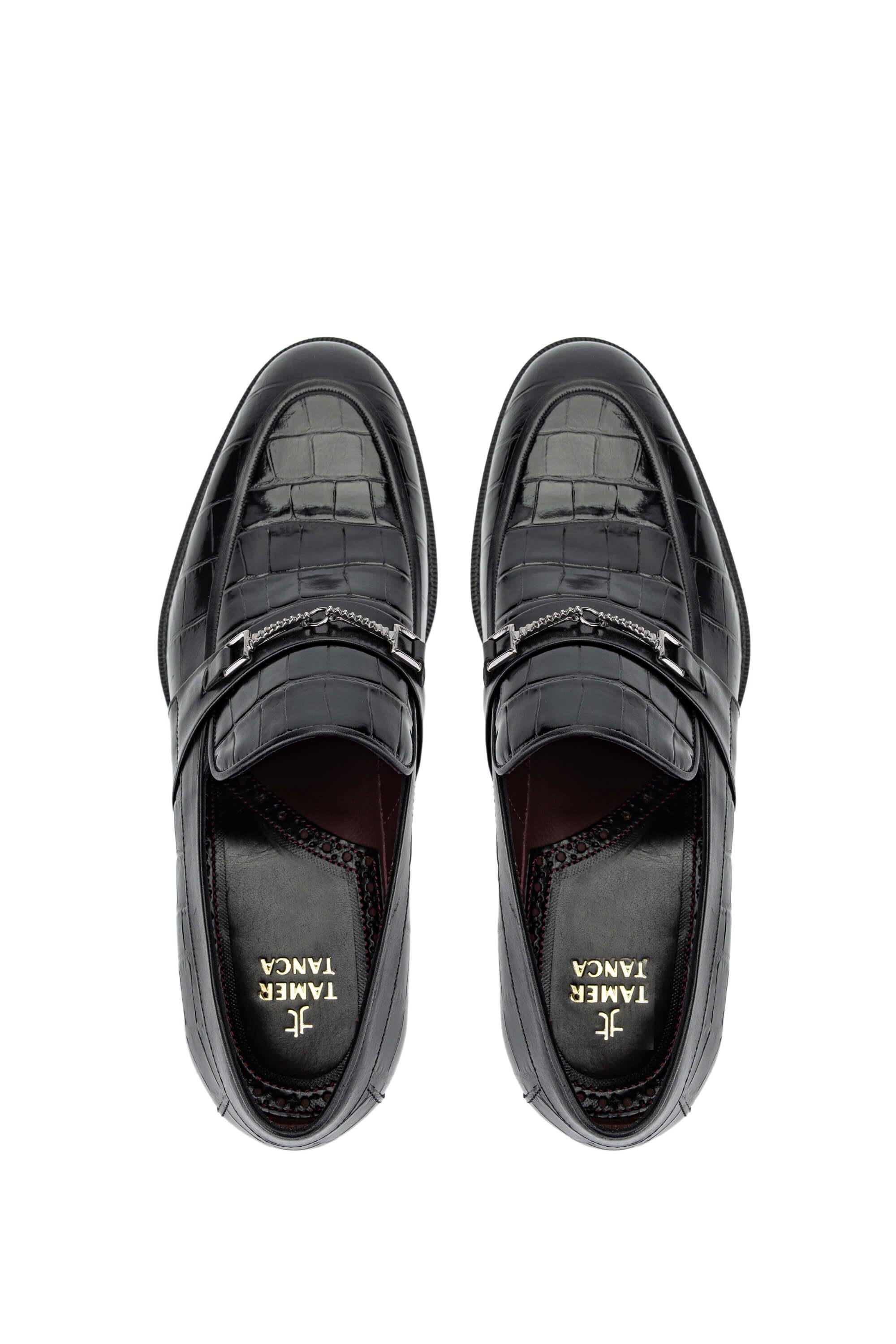 Tamer Tanca Erkek Hakiki Deri Siyah Kroko Loafer Ayakkabı
