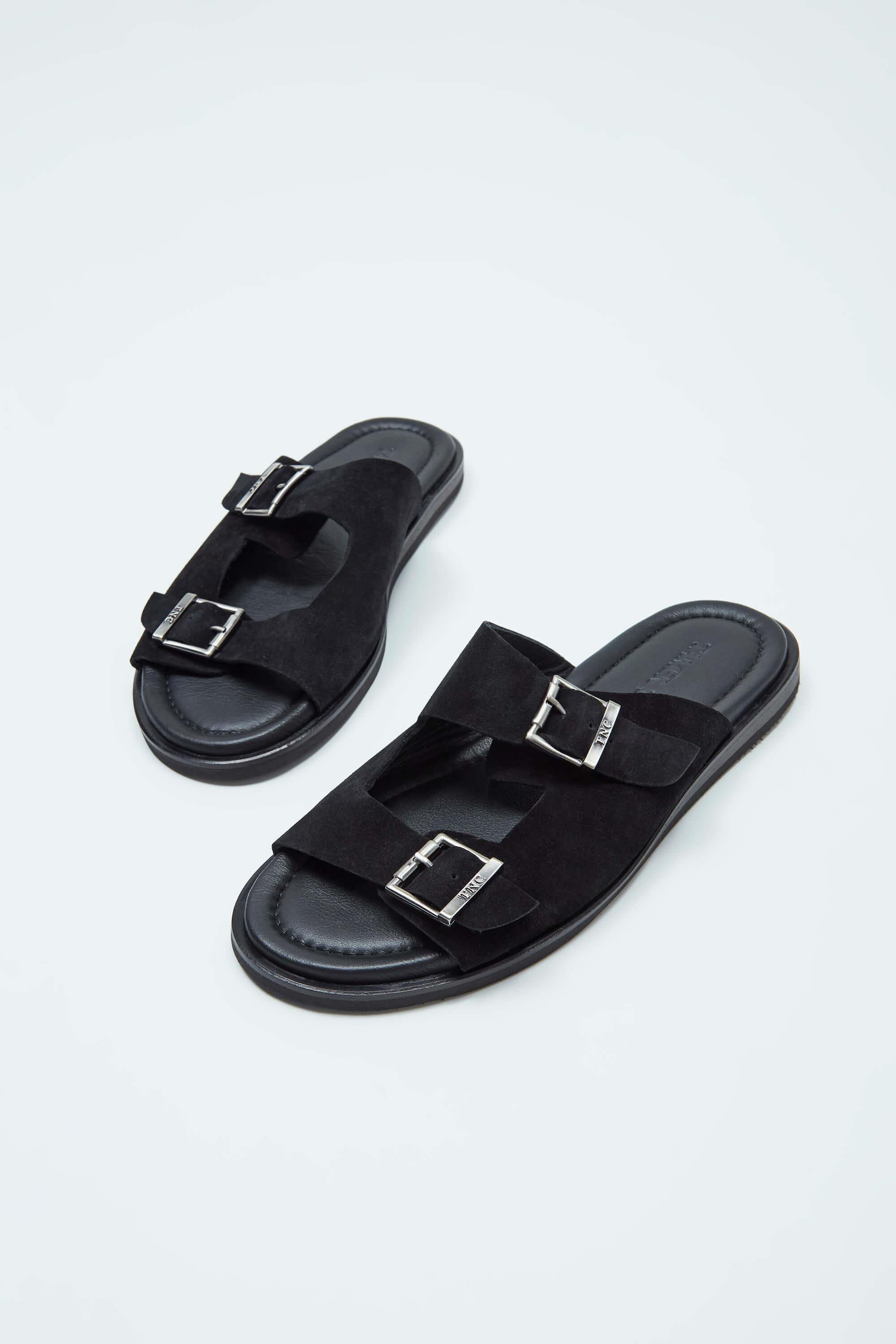 Tamer Tanca Erkek Hakiki Deri Siyah Süet Düz Terlik