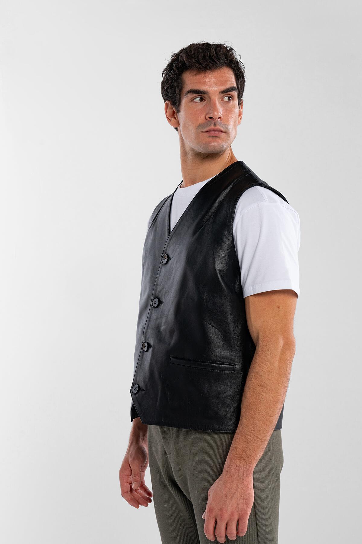 Tamer Tanca Erkek Hakiki Deri Siyah Yelek Deri Mont