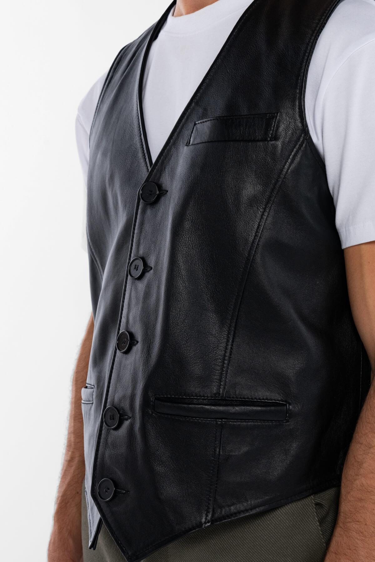 Tamer Tanca Erkek Hakiki Deri Siyah Yelek