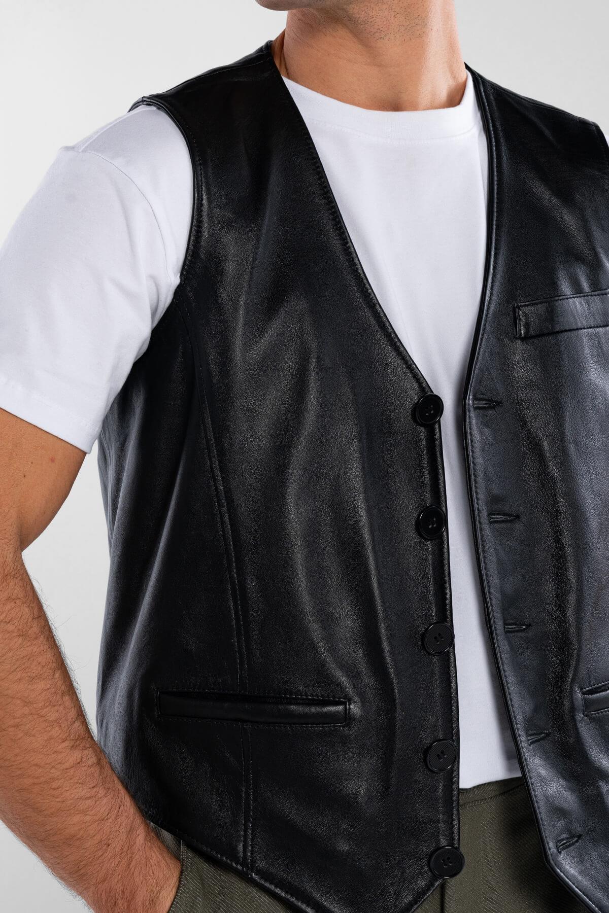 Tamer Tanca Erkek Hakiki Deri Siyah Yelek