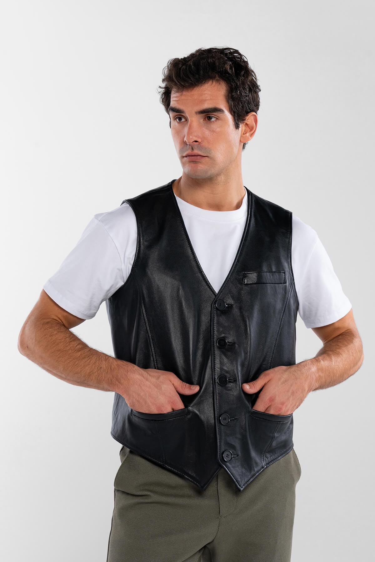 Tamer Tanca Erkek Hakiki Deri Siyah Yelek