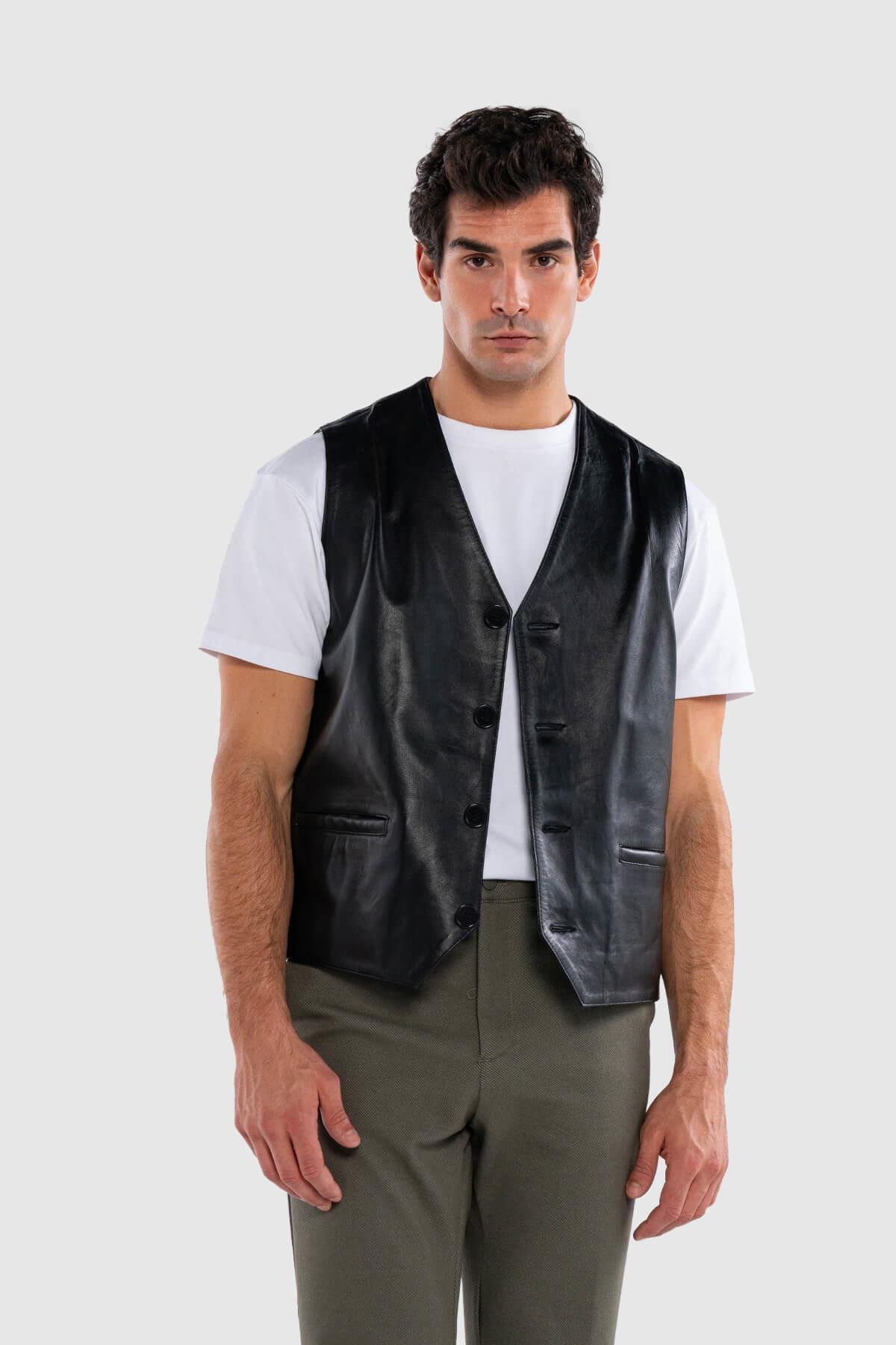 Tamer Tanca Erkek Hakiki Deri Siyah Yelek Deri Mont