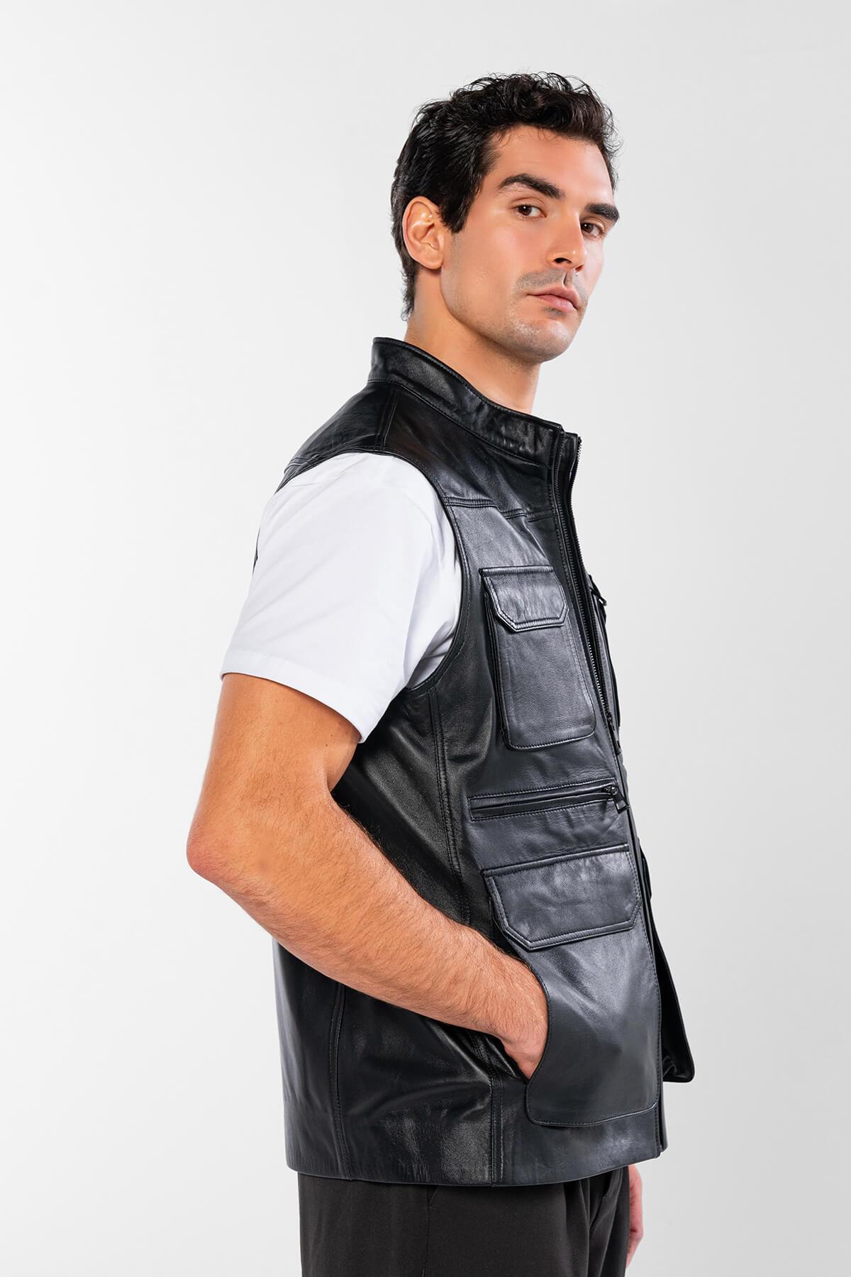 Tamer Tanca Erkek Hakiki Deri Siyah Yelek Deri Mont