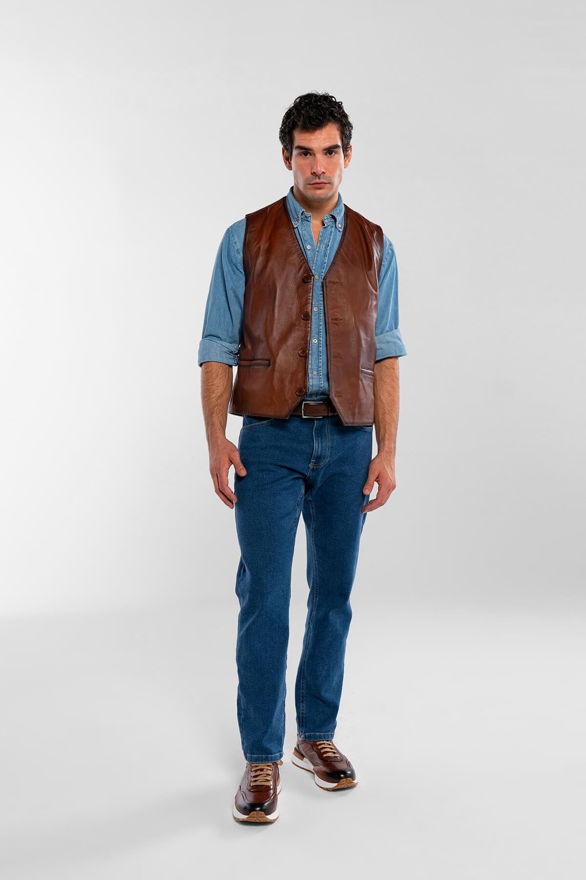 Tamer Tanca Erkek Hakiki Deri Taba Yelek Deri Mont