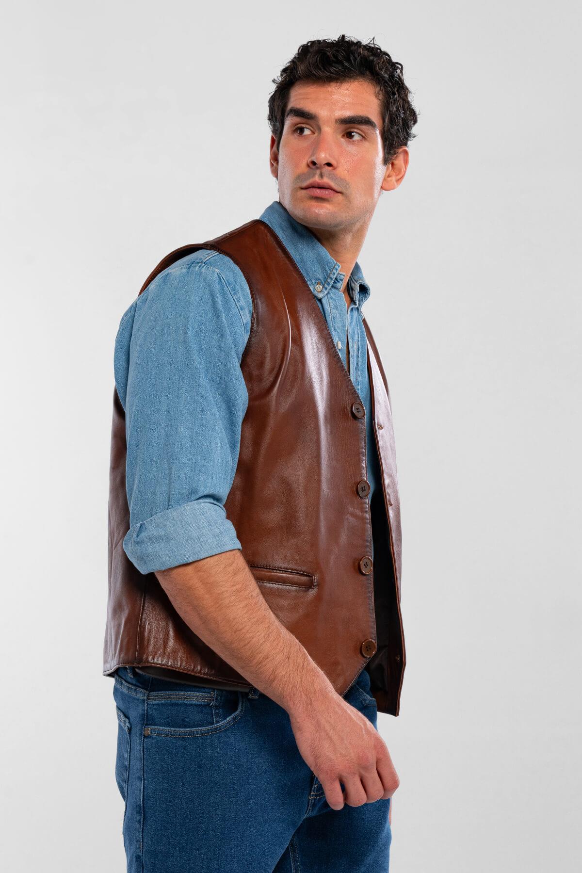 Tamer Tanca Erkek Hakiki Deri Taba Yelek Deri Mont