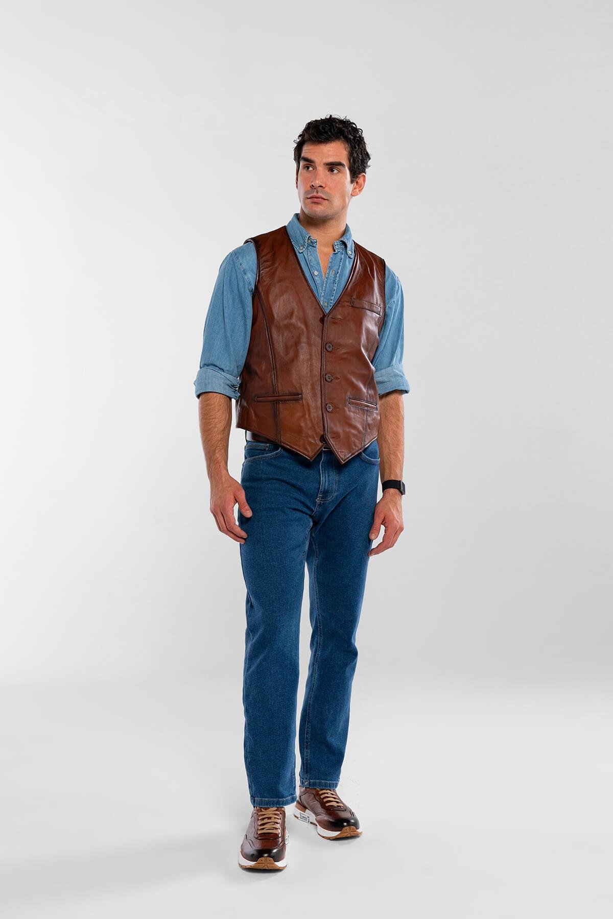 Tamer Tanca Erkek Hakiki Deri Taba Yelek Deri Mont