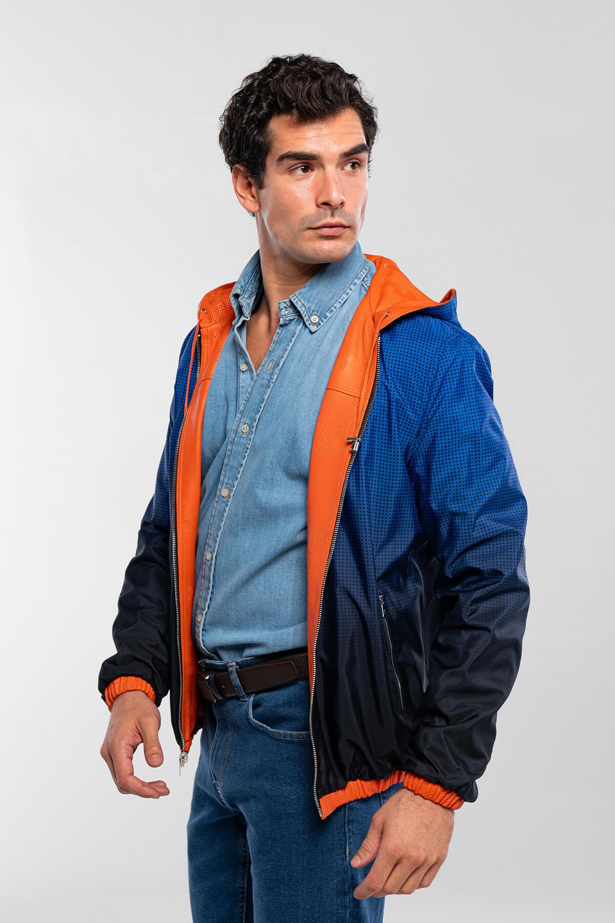 Tamer Tanca Erkek Hakiki Deri Turuncu/Mavi Deri Mont