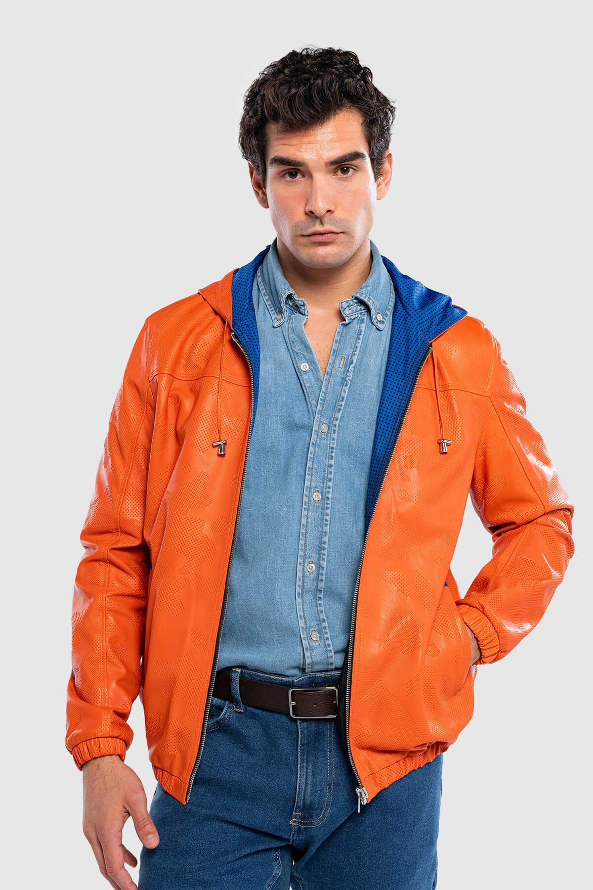 Tamer Tanca Erkek Hakiki Deri Turuncu/Mavi Deri Mont