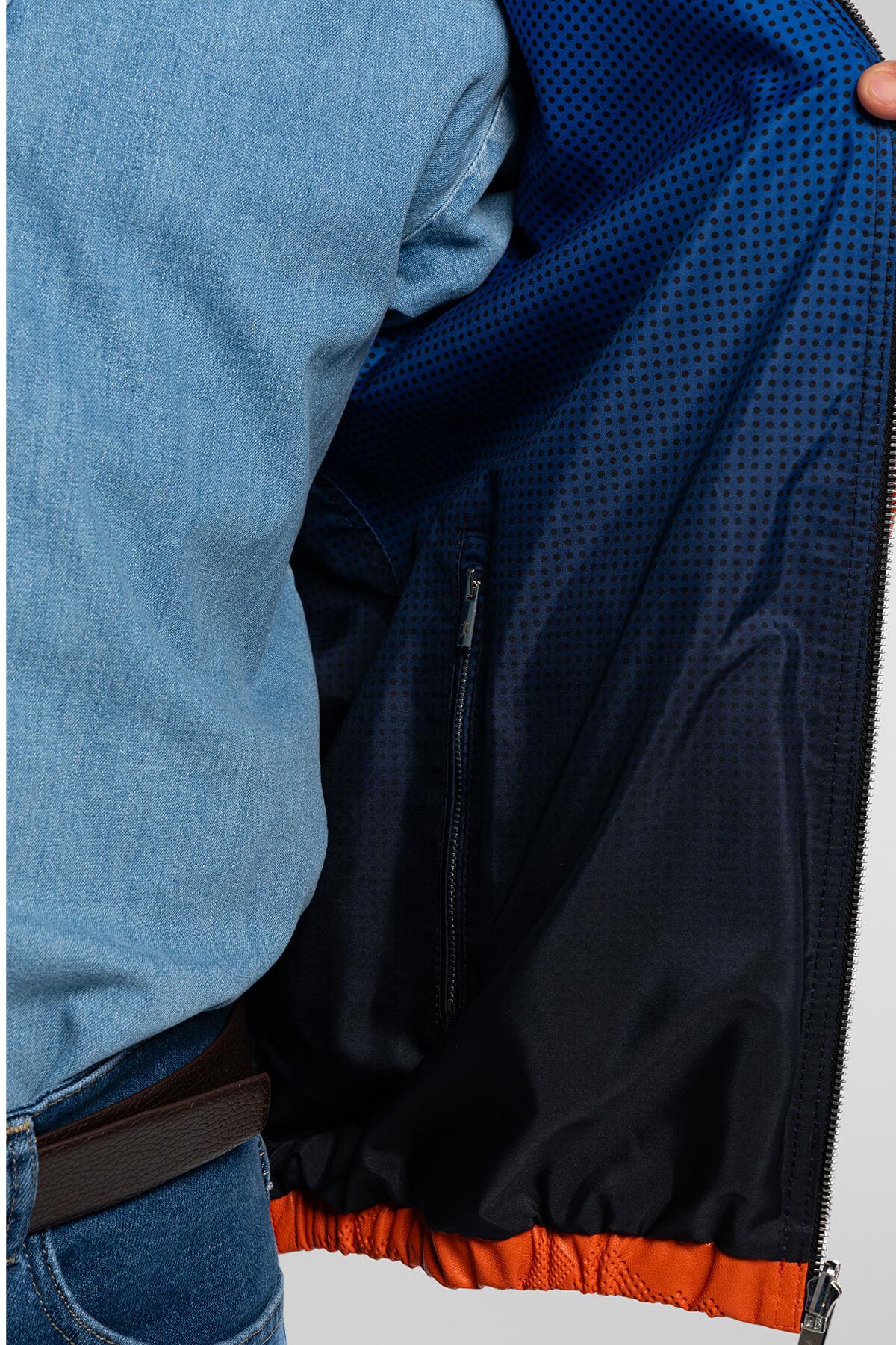 Tamer Tanca Erkek Hakiki Deri Turuncu/Mavi Deri Mont