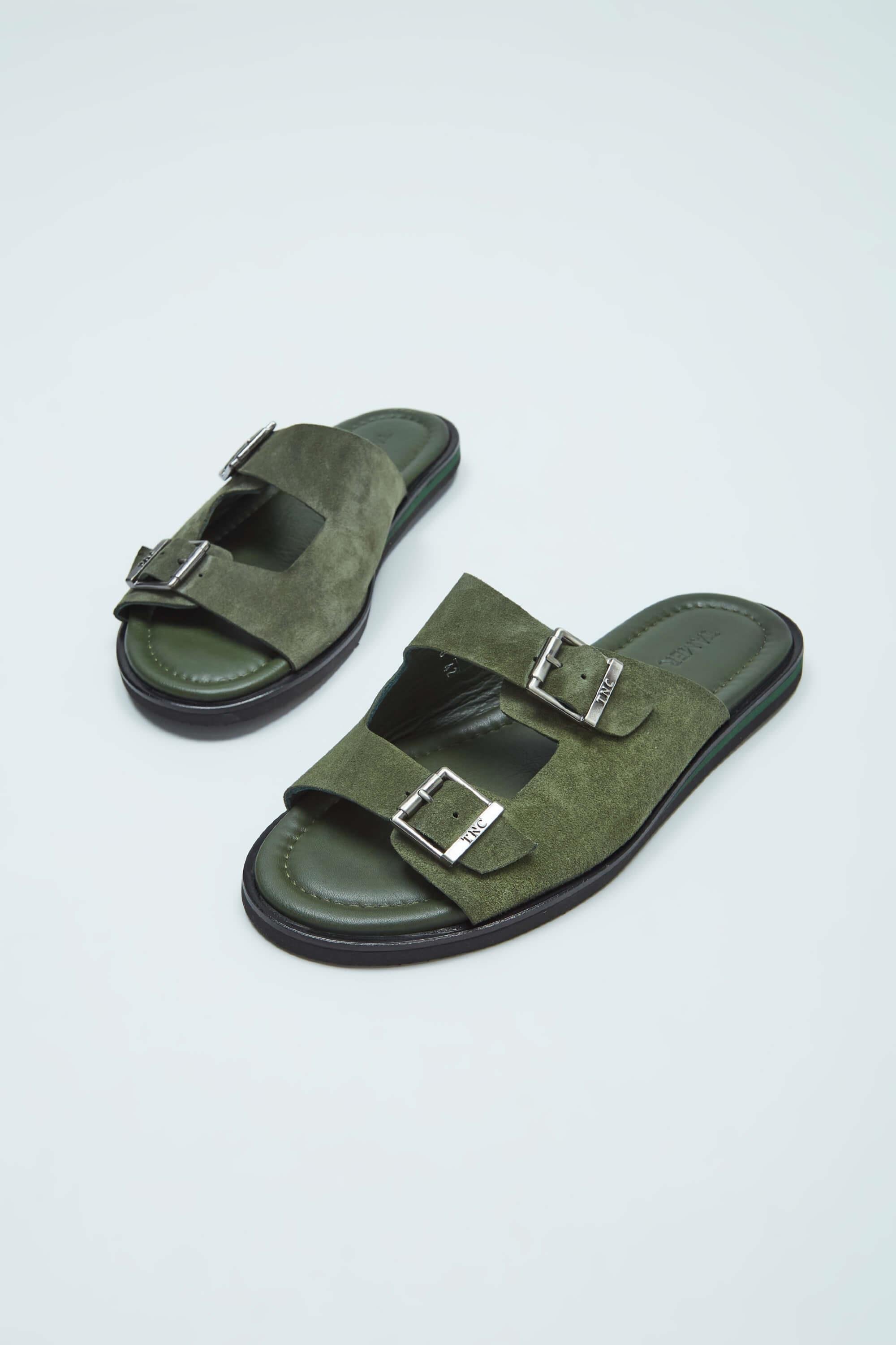 Tamer Tanca Erkek Hakiki Deri Yeşil Düz Terlik