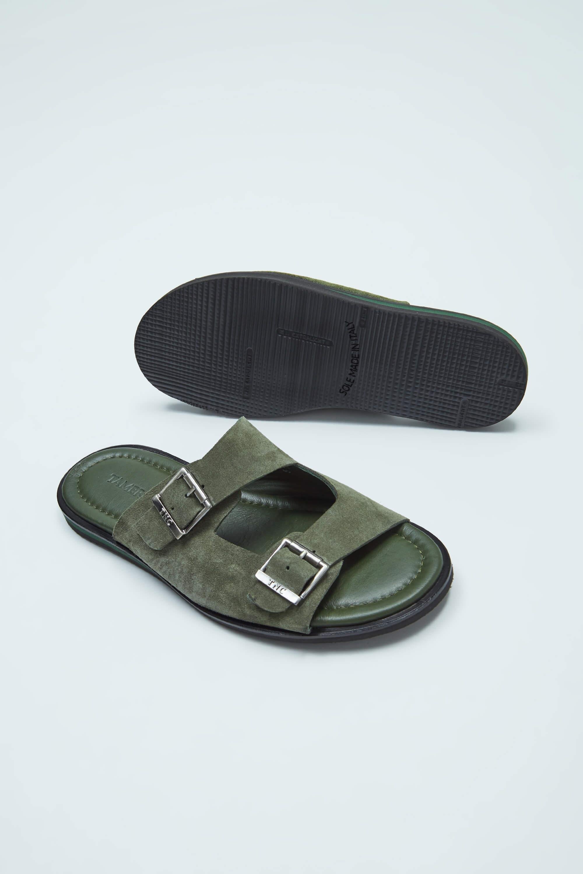 Tamer Tanca Erkek Hakiki Deri Yeşil Düz Terlik