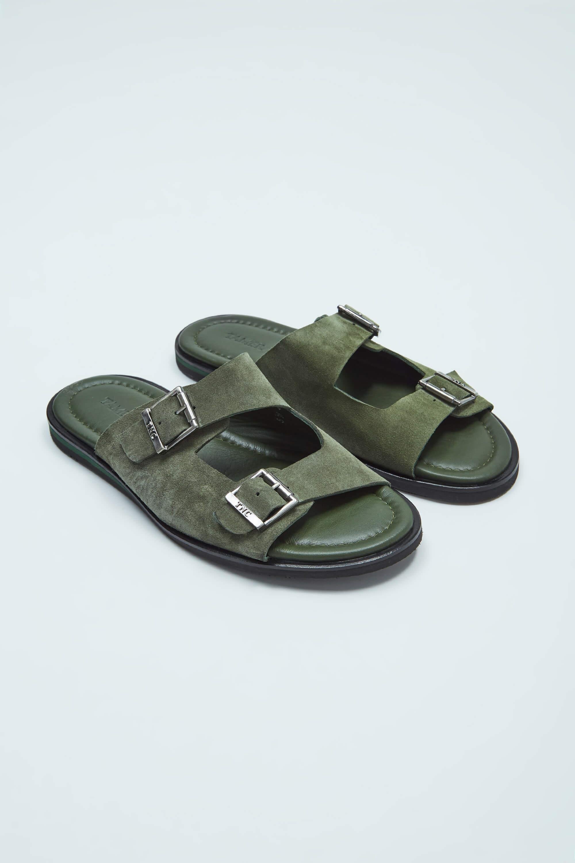 Tamer Tanca Erkek Hakiki Deri Yeşil Düz Terlik