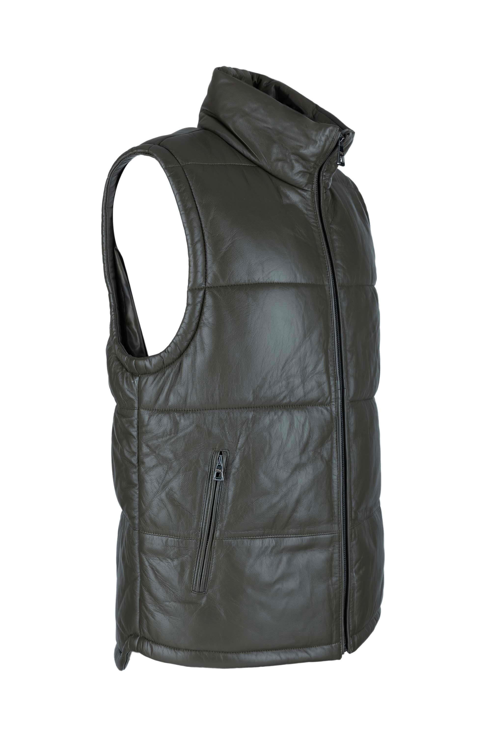 Tamer Tanca Erkek Hakiki Deri Yeşil Yelek Deri Mont