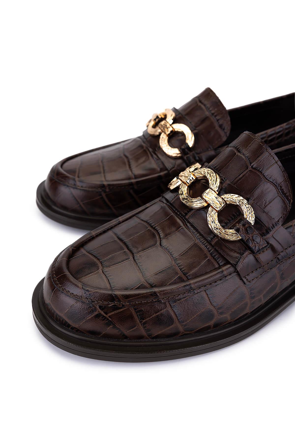Tamer Tanca Kadın Hakiki Deri Kahverengi Kroko Loafer Ayakkabı