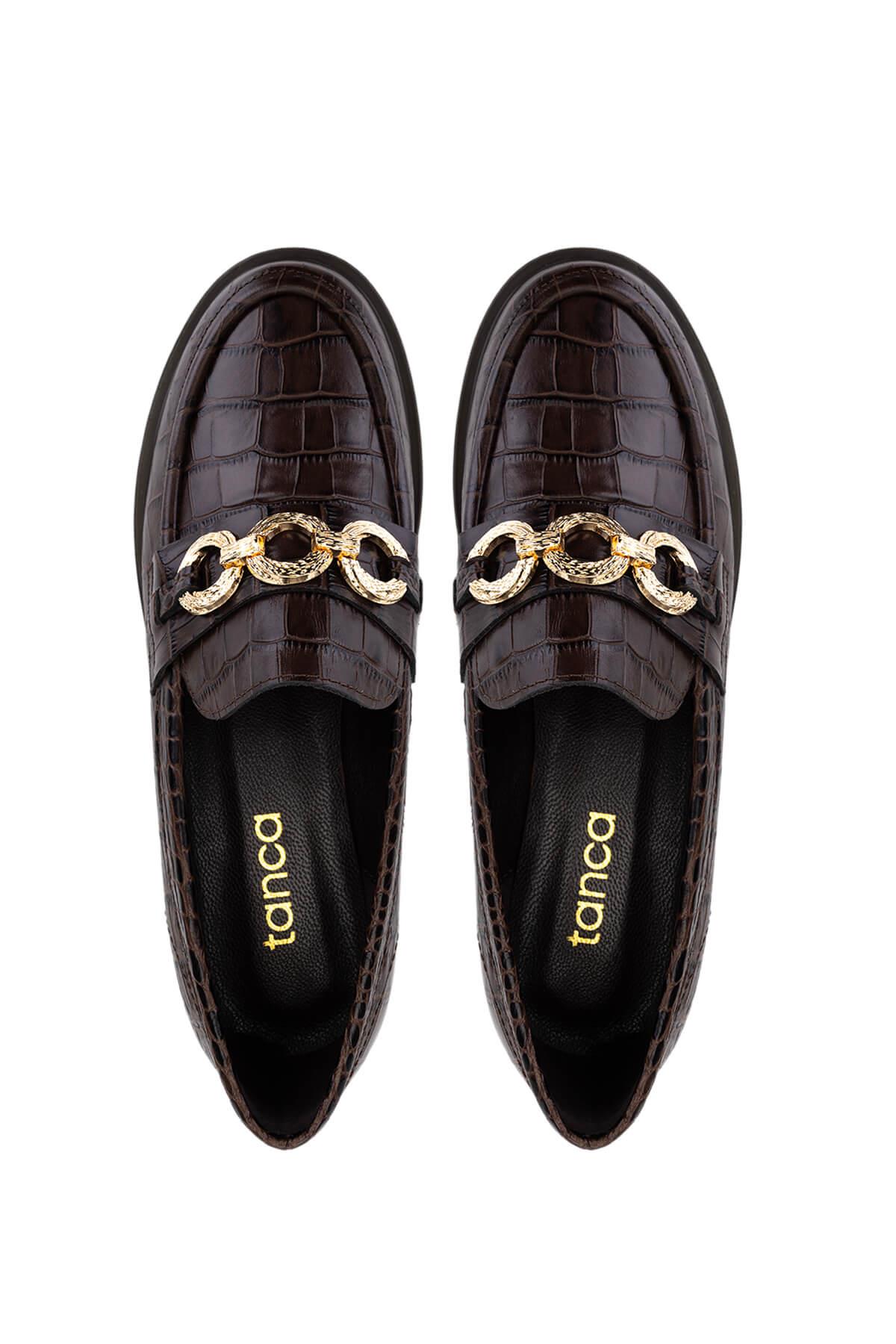 Tamer Tanca Kadın Hakiki Deri Kahverengi Kroko Loafer Ayakkabı