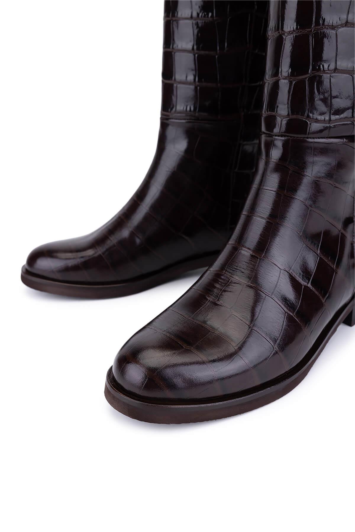 Tamer Tanca Kadın Hakiki Deri Kahverengi Kroko Düz Çizme