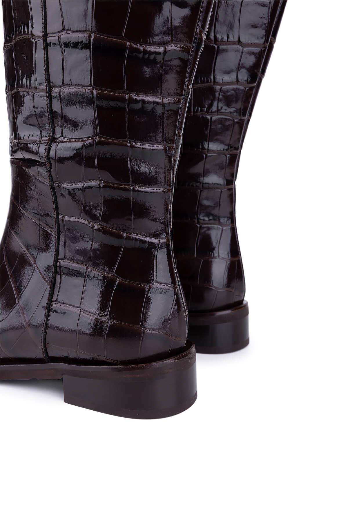 Tamer Tanca Kadın Hakiki Deri Kahverengi Kroko Düz Çizme