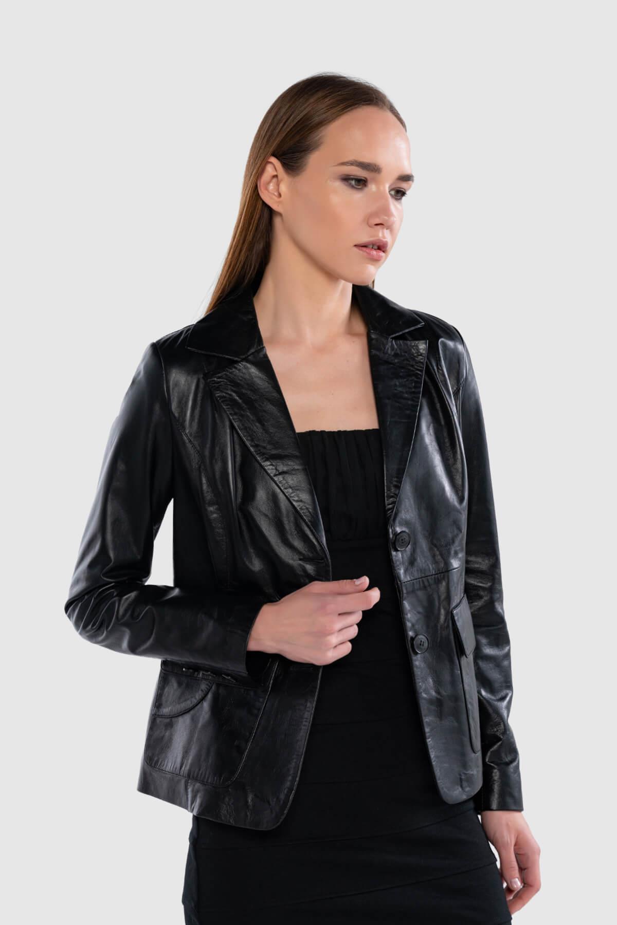 Tamer Tanca Kadın Hakiki Deri Siyah Deri Mont