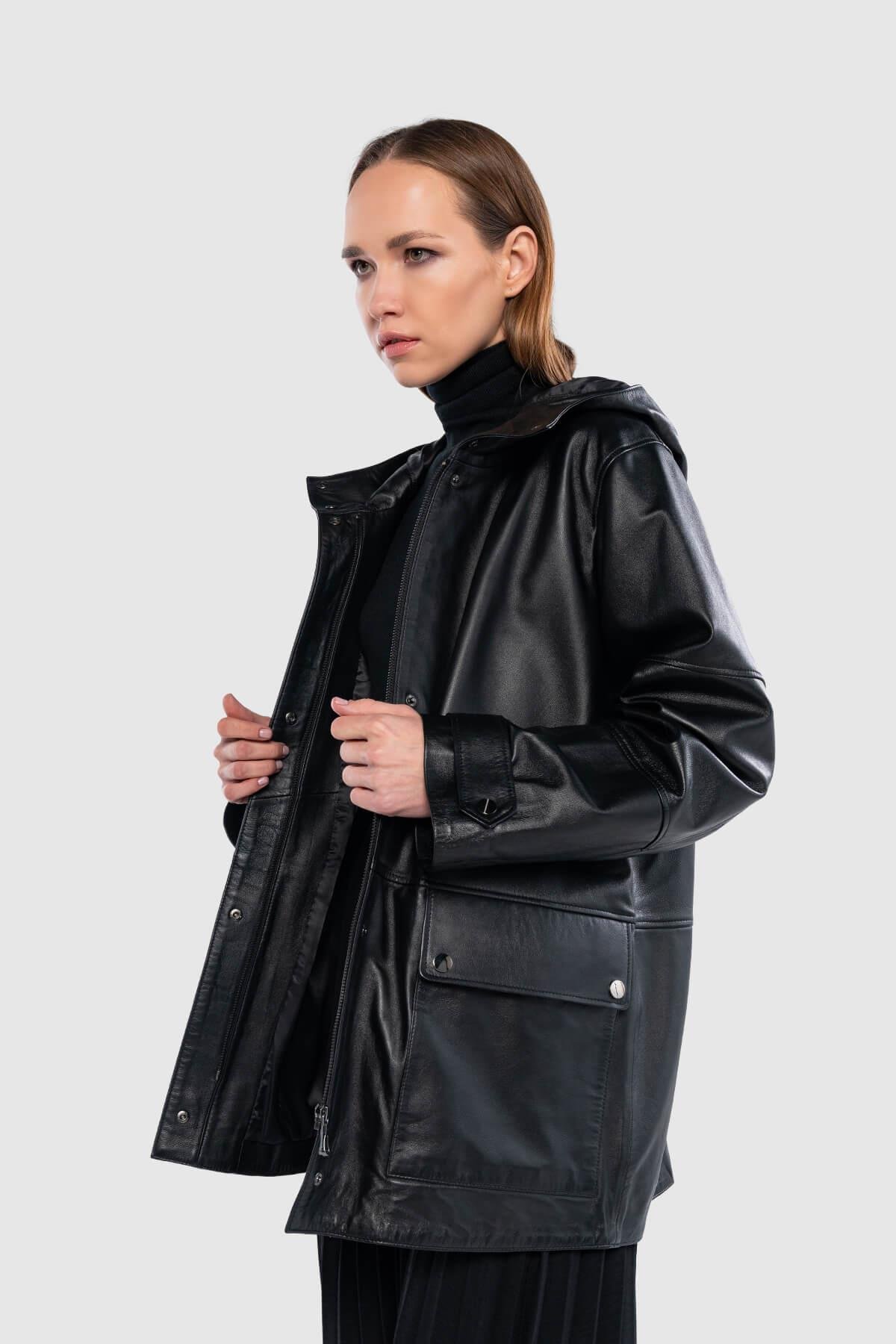 Tamer Tanca Kadın Hakiki Deri Siyah Deri Mont