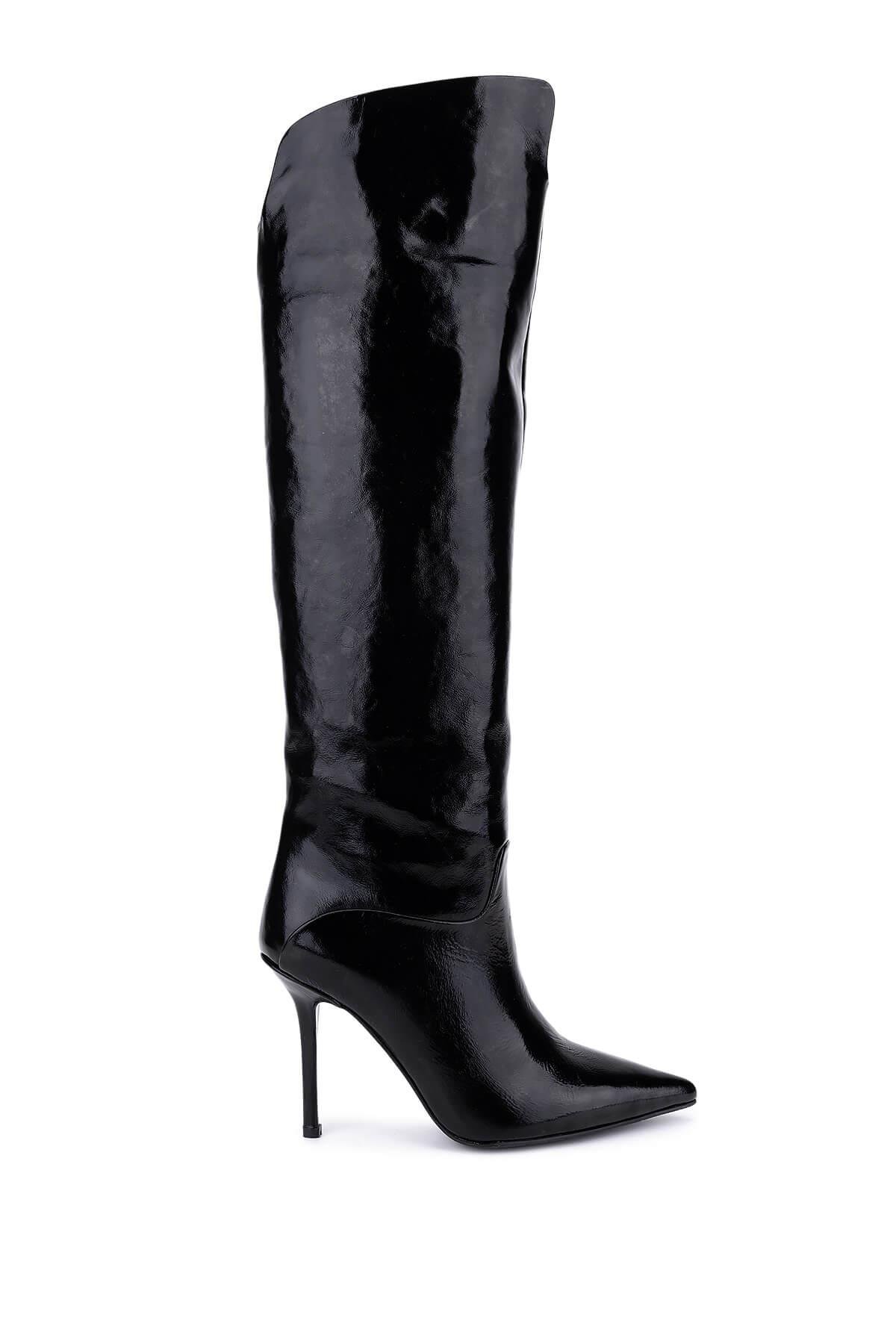 Tamer Tanca Kadın Hakiki Deri Siyah Kırışık Rugan Topuklu Çizme