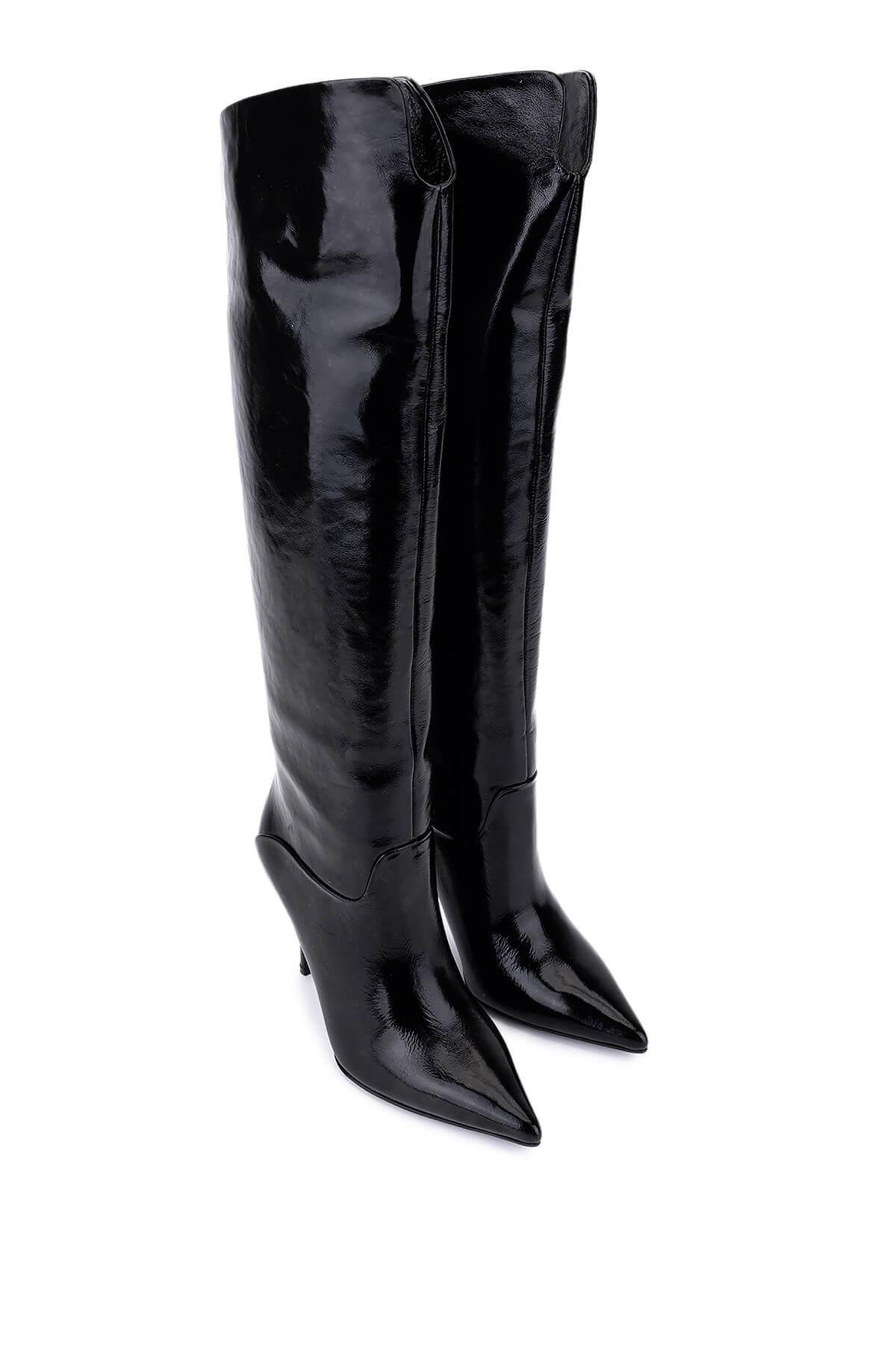 Tamer Tanca Kadın Hakiki Deri Siyah Kırışık Rugan Topuklu Çizme