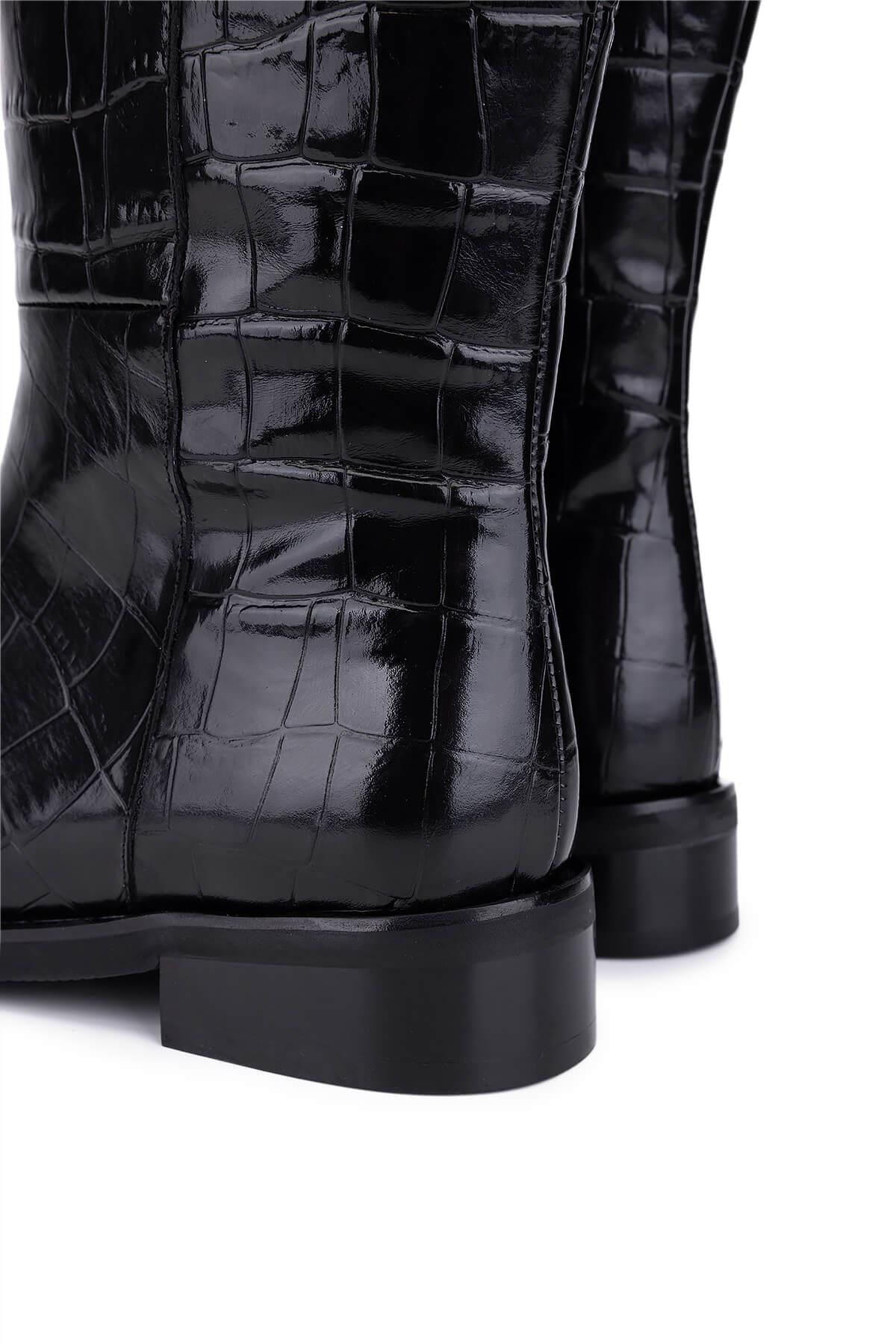 Tamer Tanca Kadın Hakiki Deri Siyah Kroko Düz Çizme