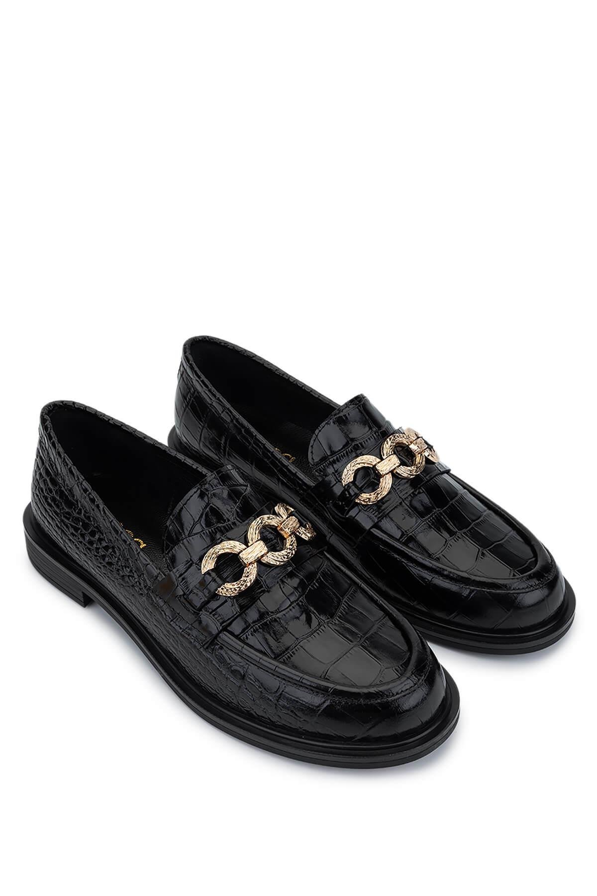 Tamer Tanca Kadın Hakiki Deri Siyah Kroko Loafer Ayakkabı