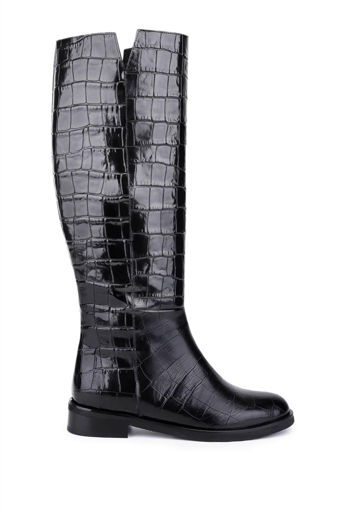 Tamer Tanca Kadın Hakiki Deri Siyah Kroko Düz Çizme