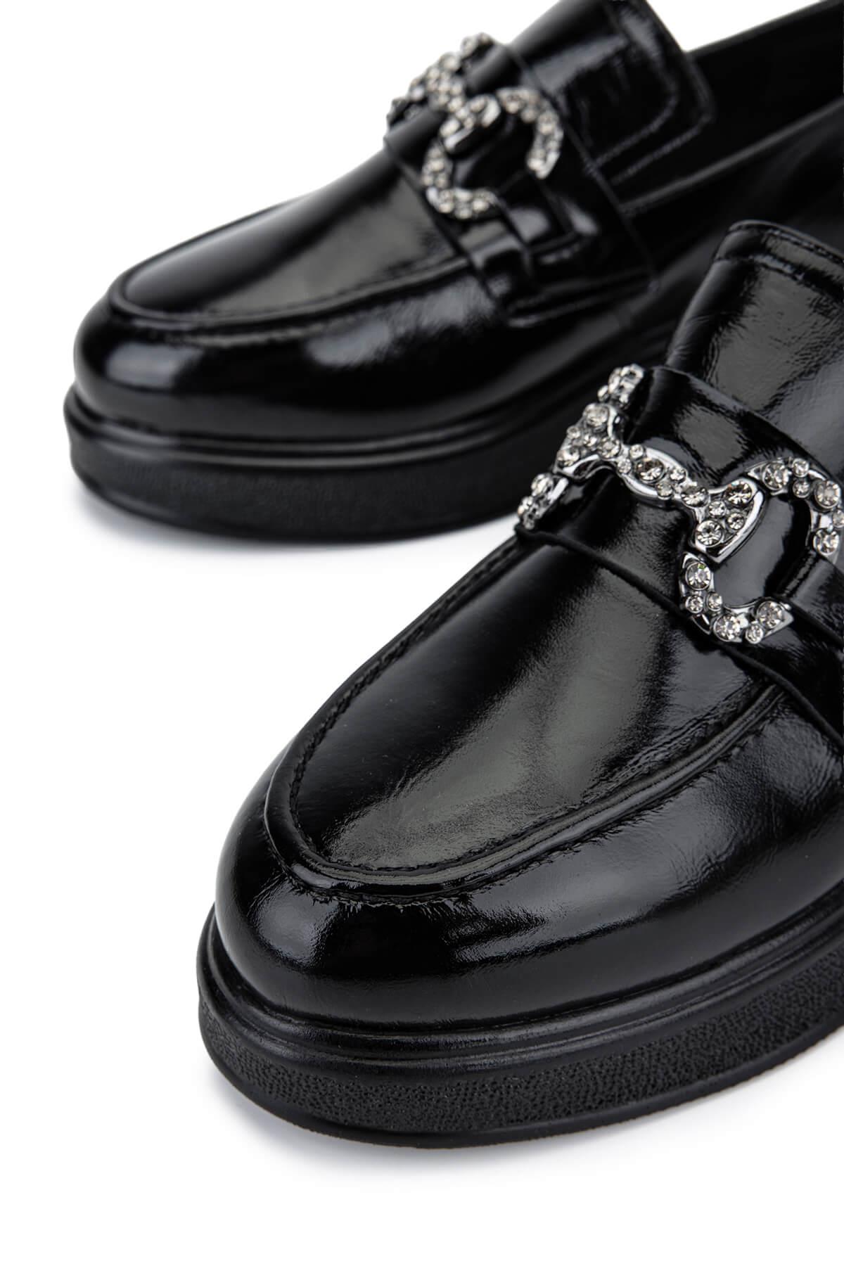 Tamer Tanca Kadın Hakiki Deri Siyah Rugan Loafer Ayakkabı