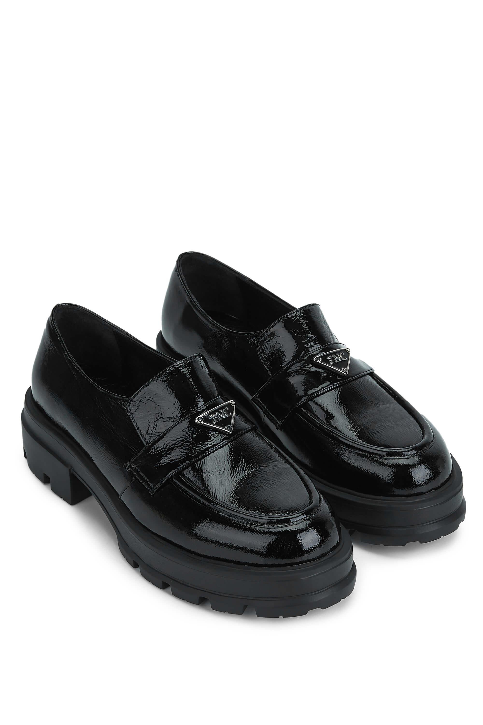 Tamer Tanca Kadın Hakiki Deri Siyah Rugan Loafer Ayakkabı