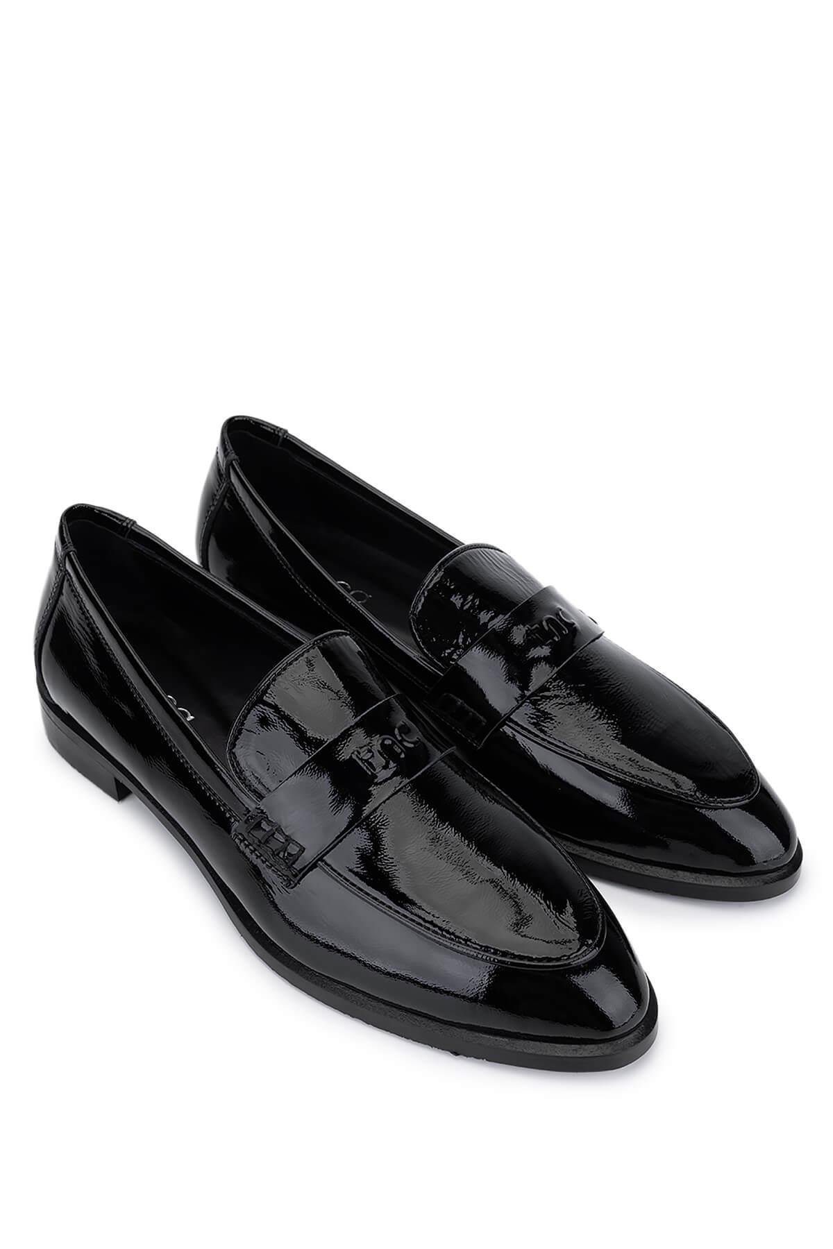 Tamer Tanca Kadın Hakiki Deri Siyah Rugan Loafer Ayakkabı