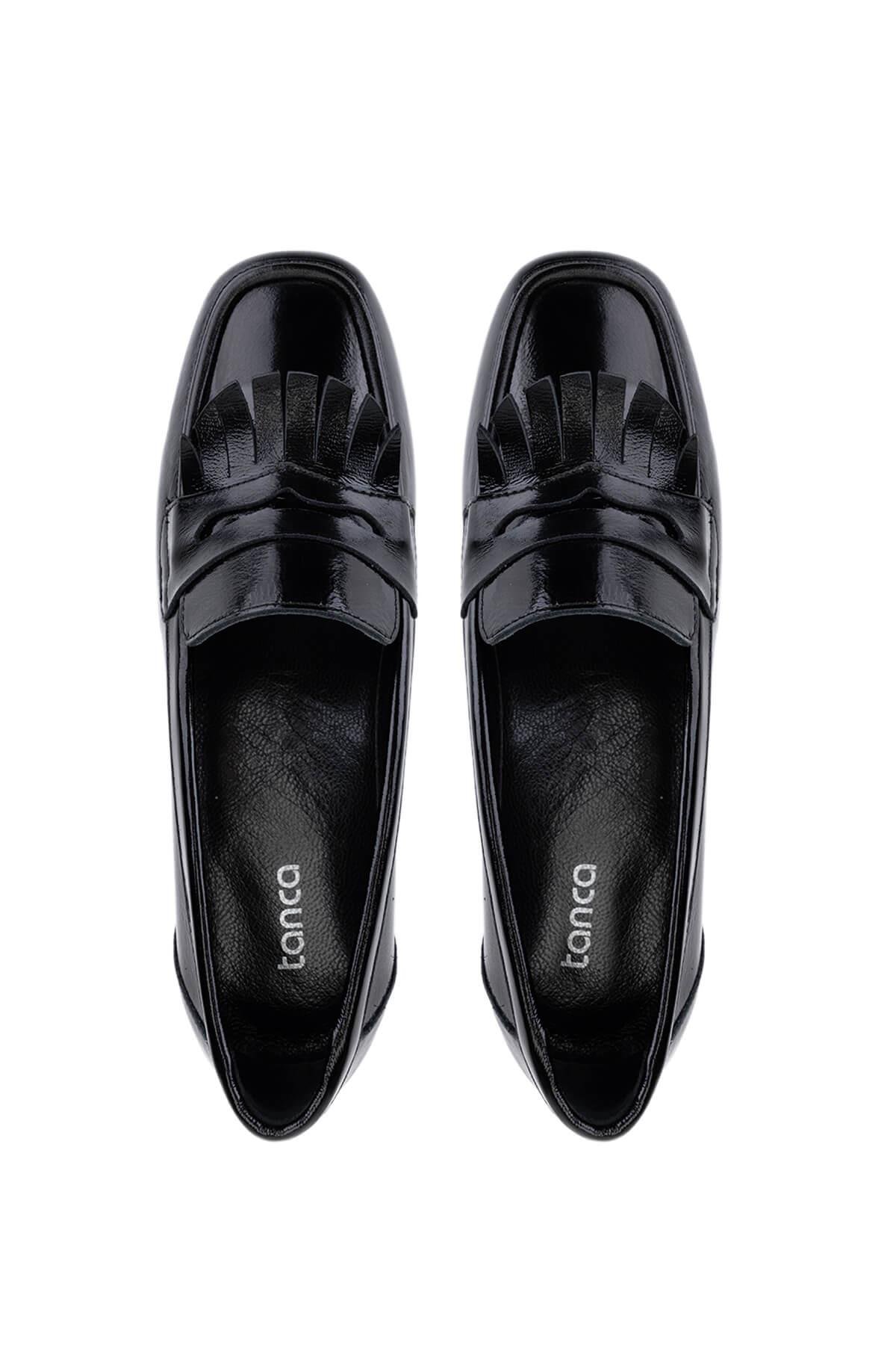 Tamer Tanca Kadın Hakiki Deri Siyah Rugan Loafer Ayakkabı