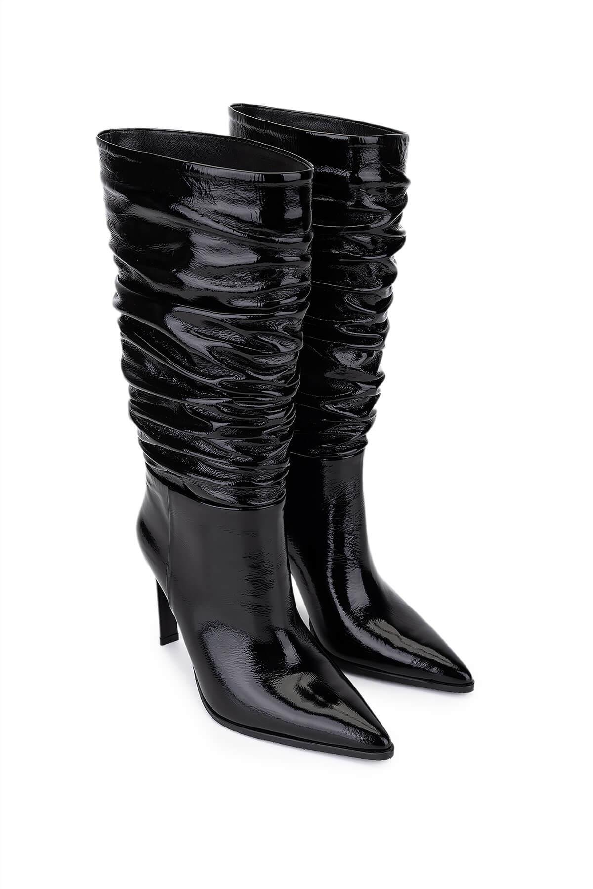 Tamer Tanca Kadın Hakiki Deri Siyah Rugan Topuklu Çizme