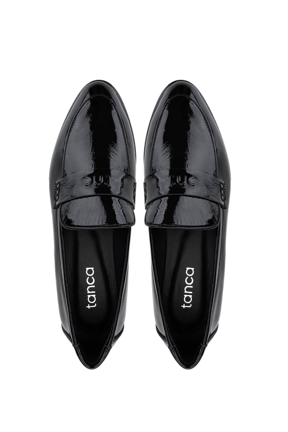 Tamer Tanca Kadın Hakiki Deri Siyah Rugan Loafer Ayakkabı