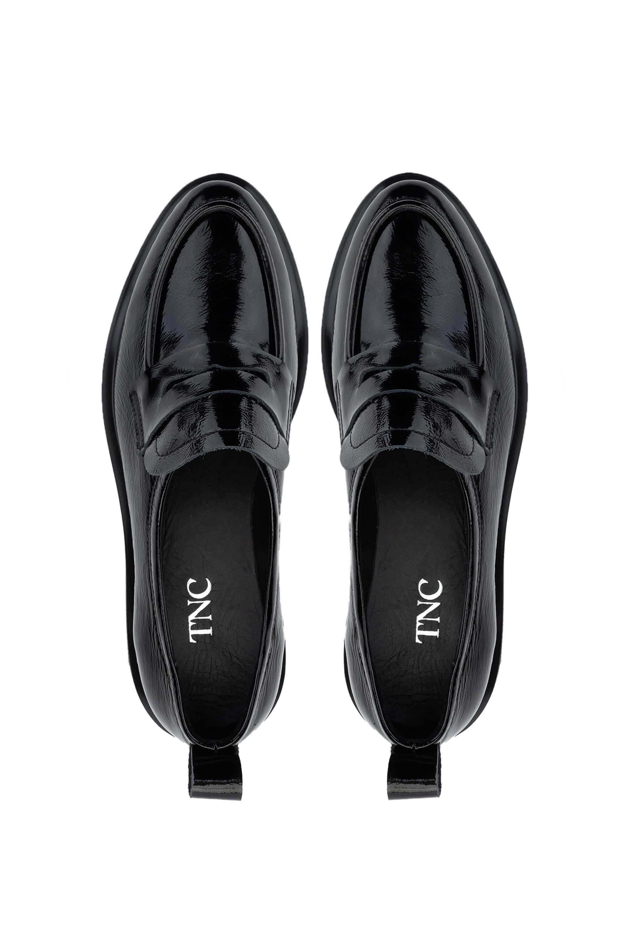 Tamer Tanca Kadın Hakiki Deri Siyah Rugan Loafer Ayakkabı