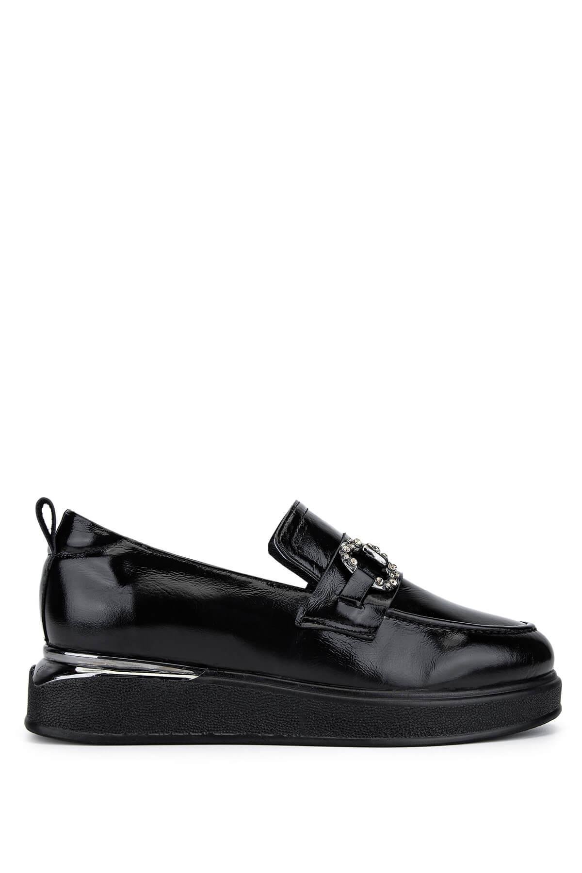 Tamer Tanca Kadın Hakiki Deri Siyah Rugan Loafer Ayakkabı