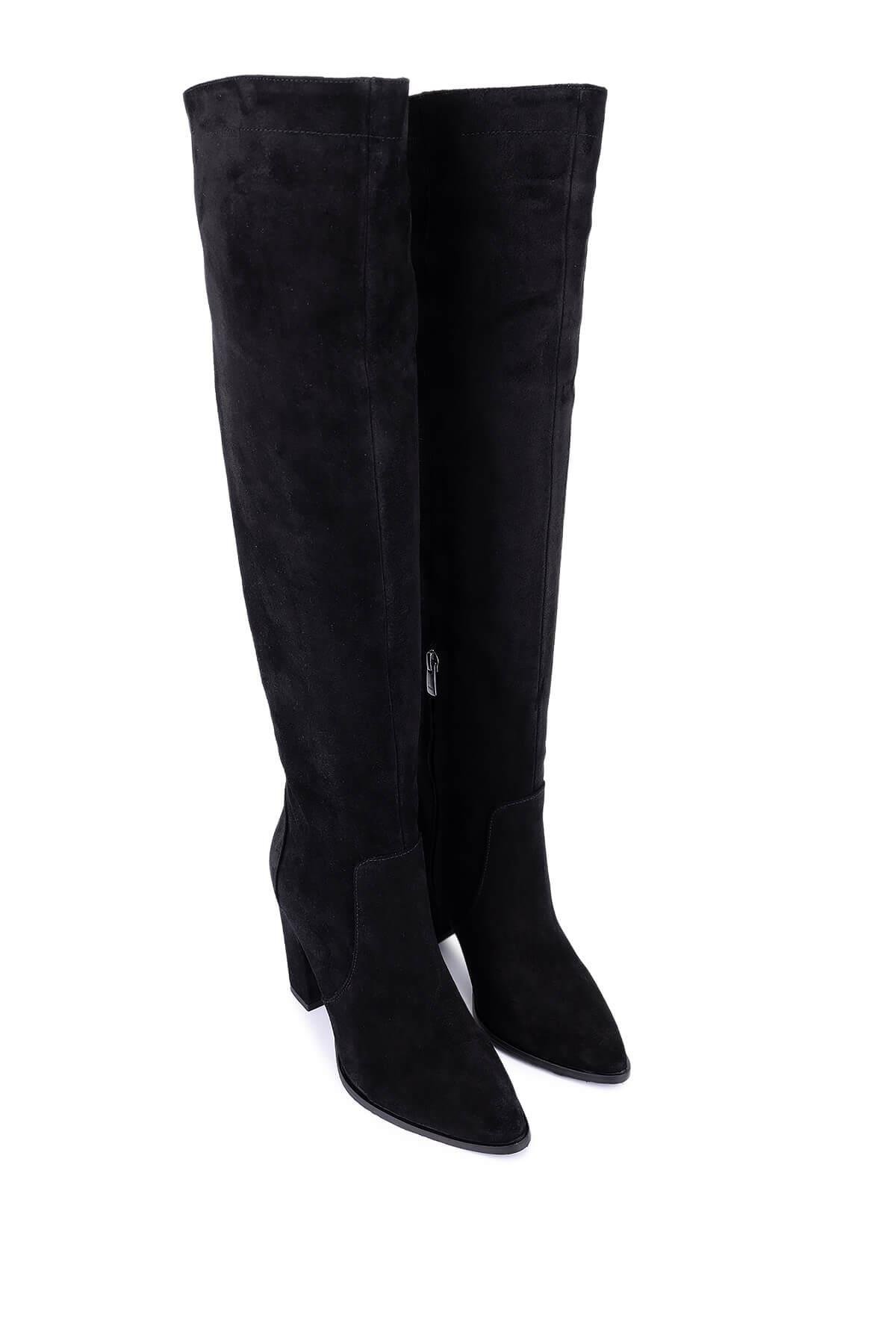 Tamer Tanca Kadın Hakiki Deri Siyah Süet Topuklu Çizme