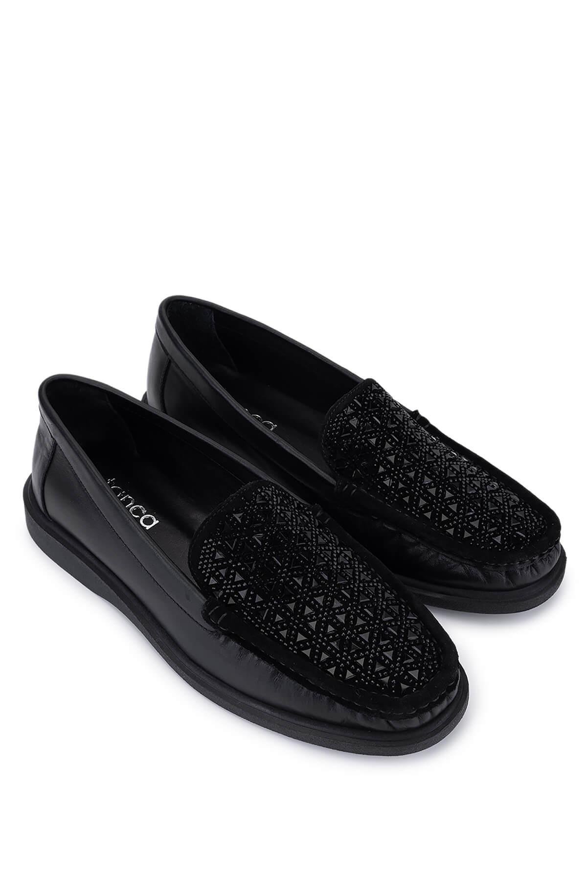 Tamer Tanca Kadın Hakiki Deri Siyah/Siyah Taş Loafer Ayakkabı