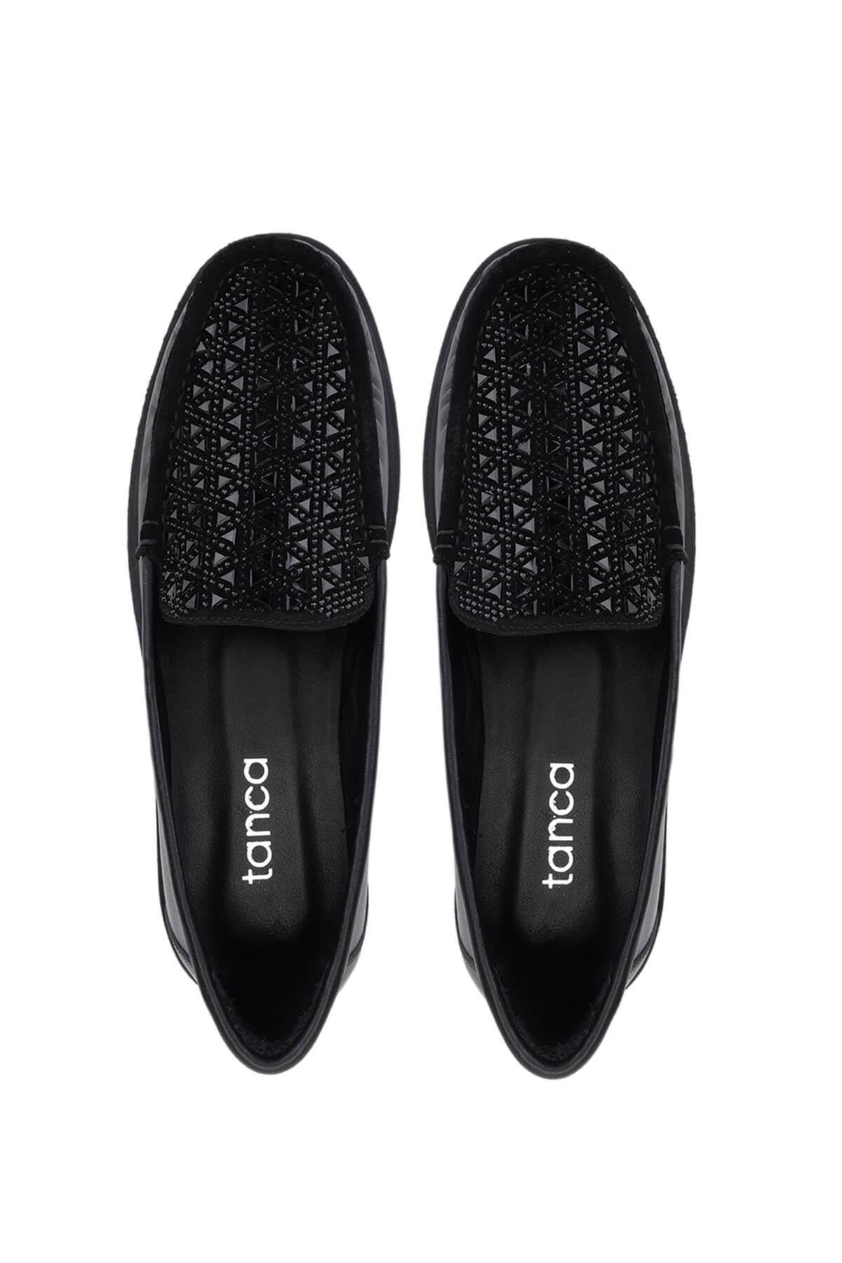 Tamer Tanca Kadın Hakiki Deri Siyah/Siyah Taş Loafer Ayakkabı