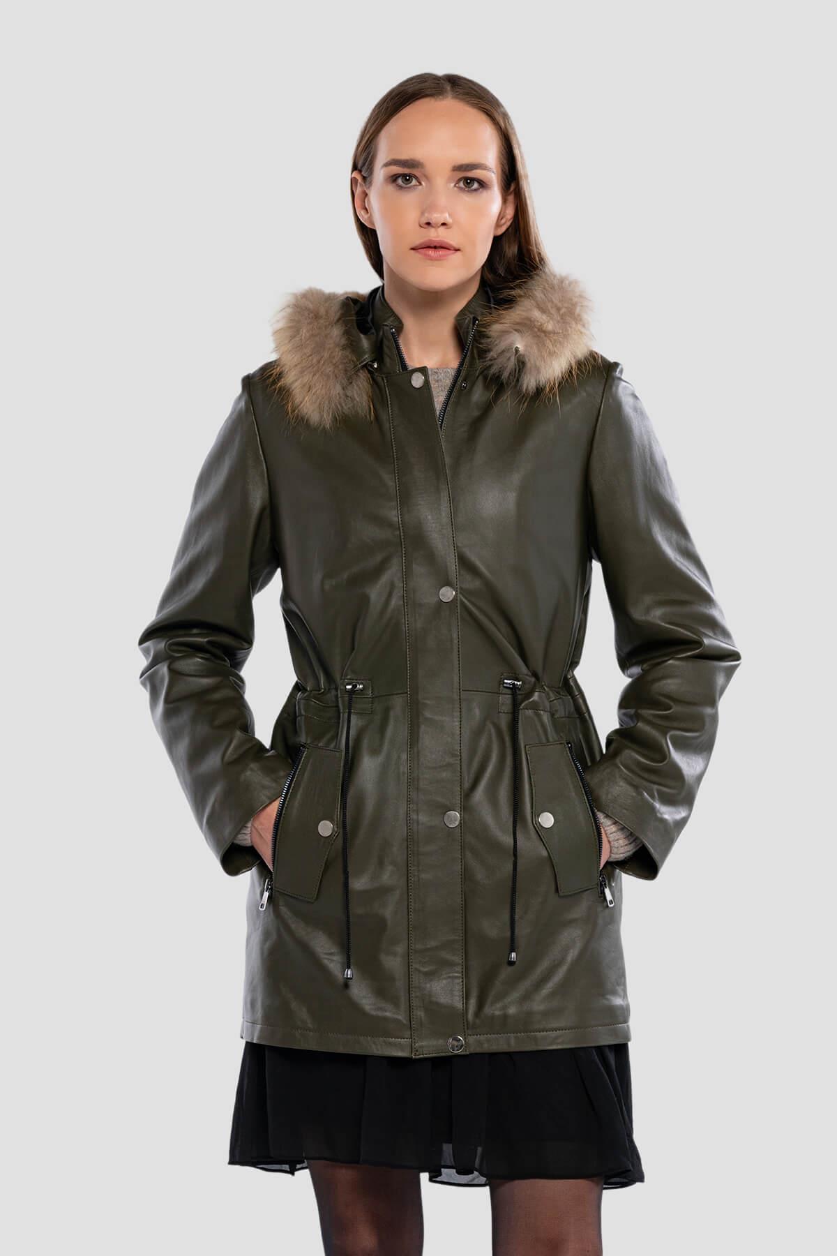 Tamer Tanca Kadın Hakiki Deri Yeşil Deri Mont