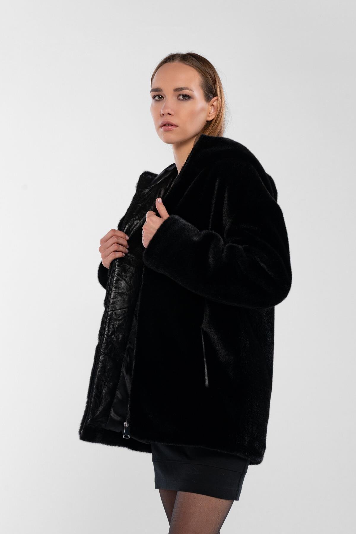 Tamer Tanca Kadın Peluş Siyah Kumaş Mont Deri Mont