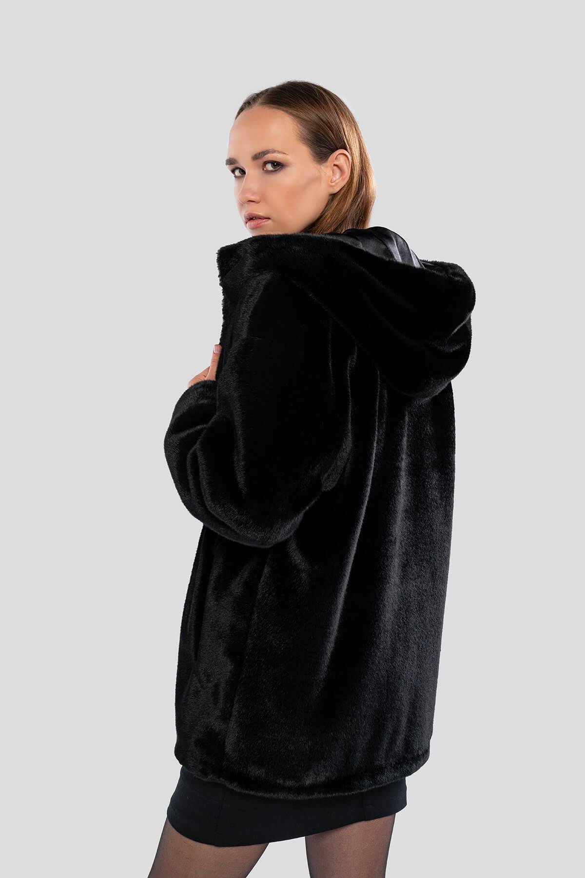 Tamer Tanca Kadın Peluş Siyah Kumaş Mont Deri Mont