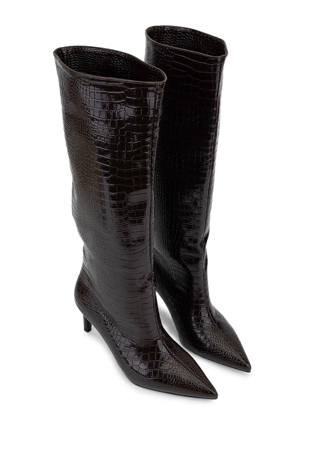 Tamer Tanca Kadın Suni Deri Kahverengi Kroko Topuklu Çizme