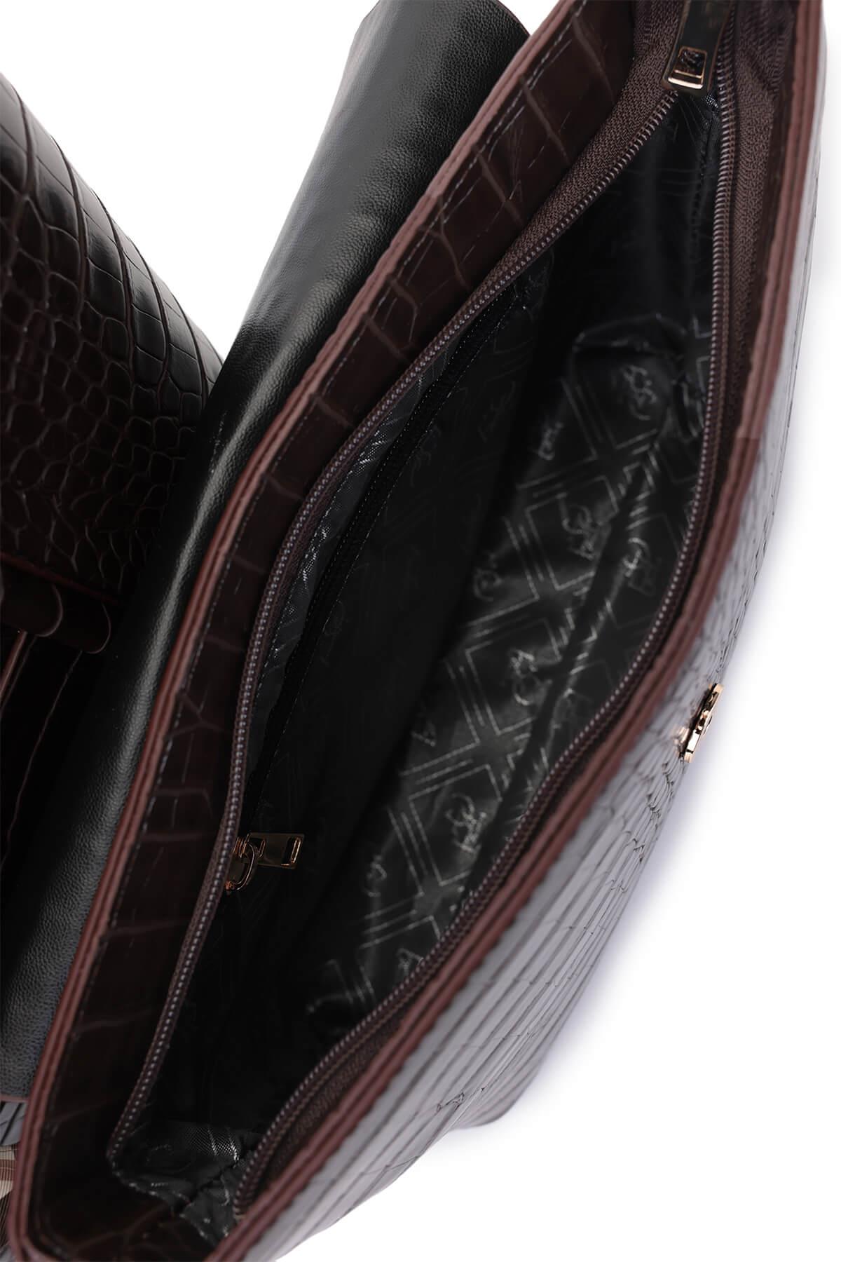 Tamer Tanca Kadın Suni Deri Kahverengi Kroko Omuz Çanta