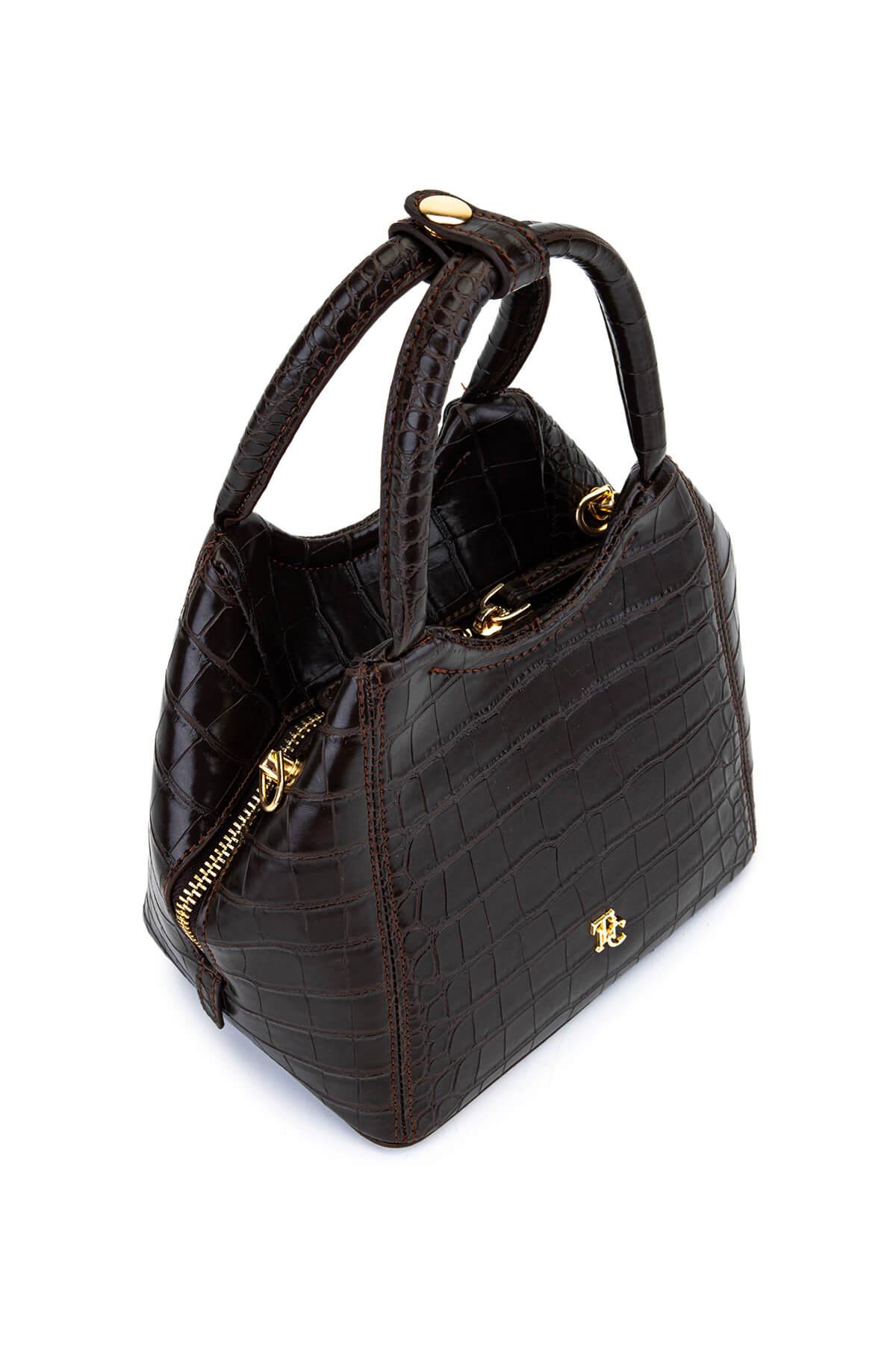 Tamer Tanca Kadın Suni Deri Kahverengi Kroko Kol Çantası