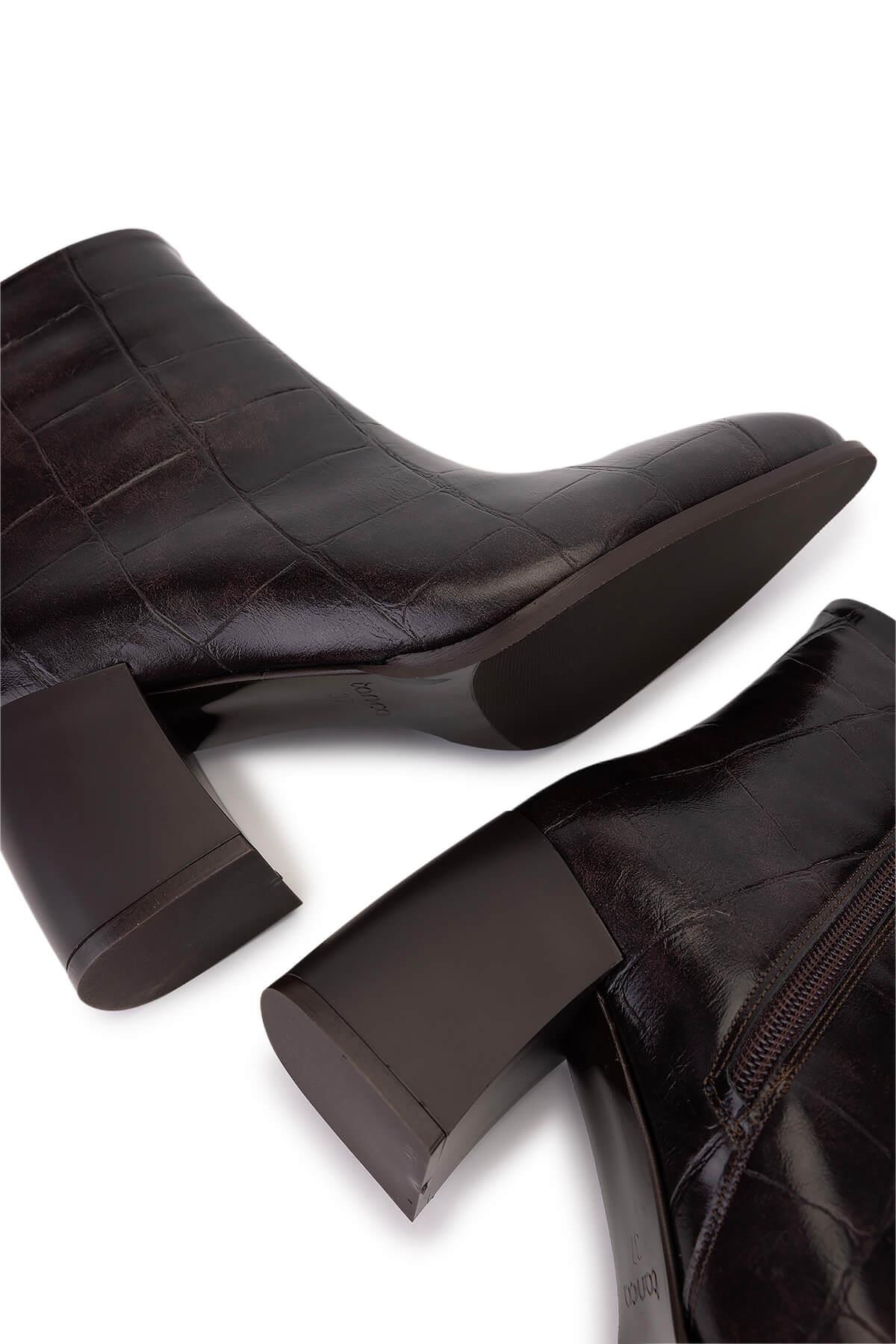 Tamer Tanca Kadın Suni Deri Kahverengi Kroko Topuklu Bot