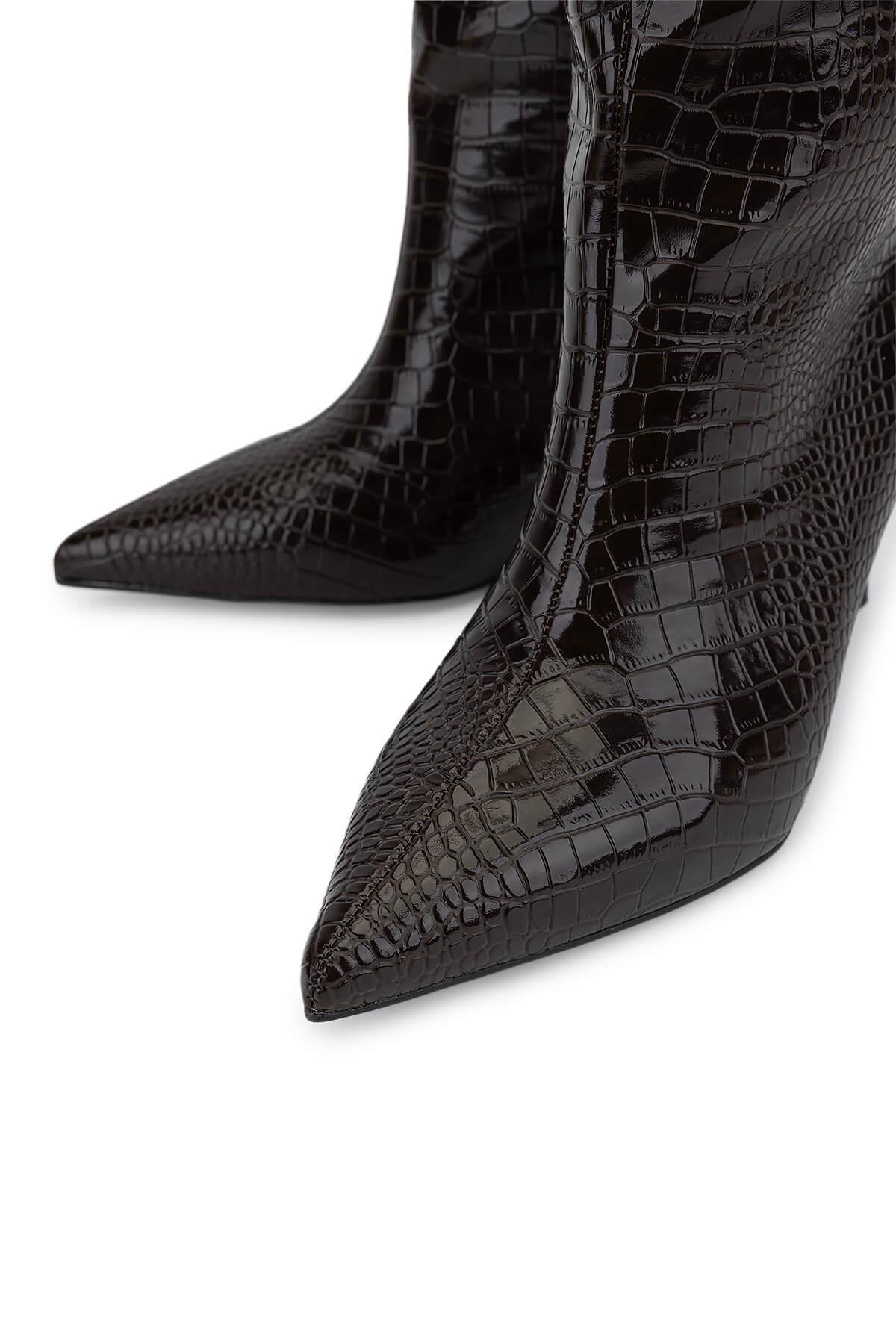 Tamer Tanca Kadın Suni Deri Kahverengi Kroko Topuklu Çizme